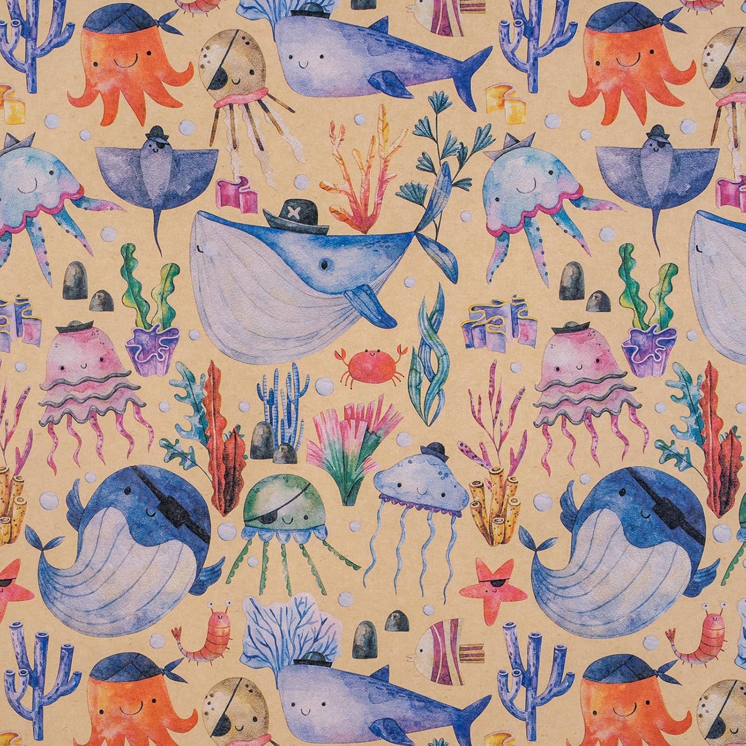 Baby Wrapping Paper Neutral Kraft Paper Roll, Mini Roll, Pirate Themed Ocean Design With Whales And Marine Organism, Ideal For Baby Shower And Birthday Party, 17 Inches X 16.4 Feet