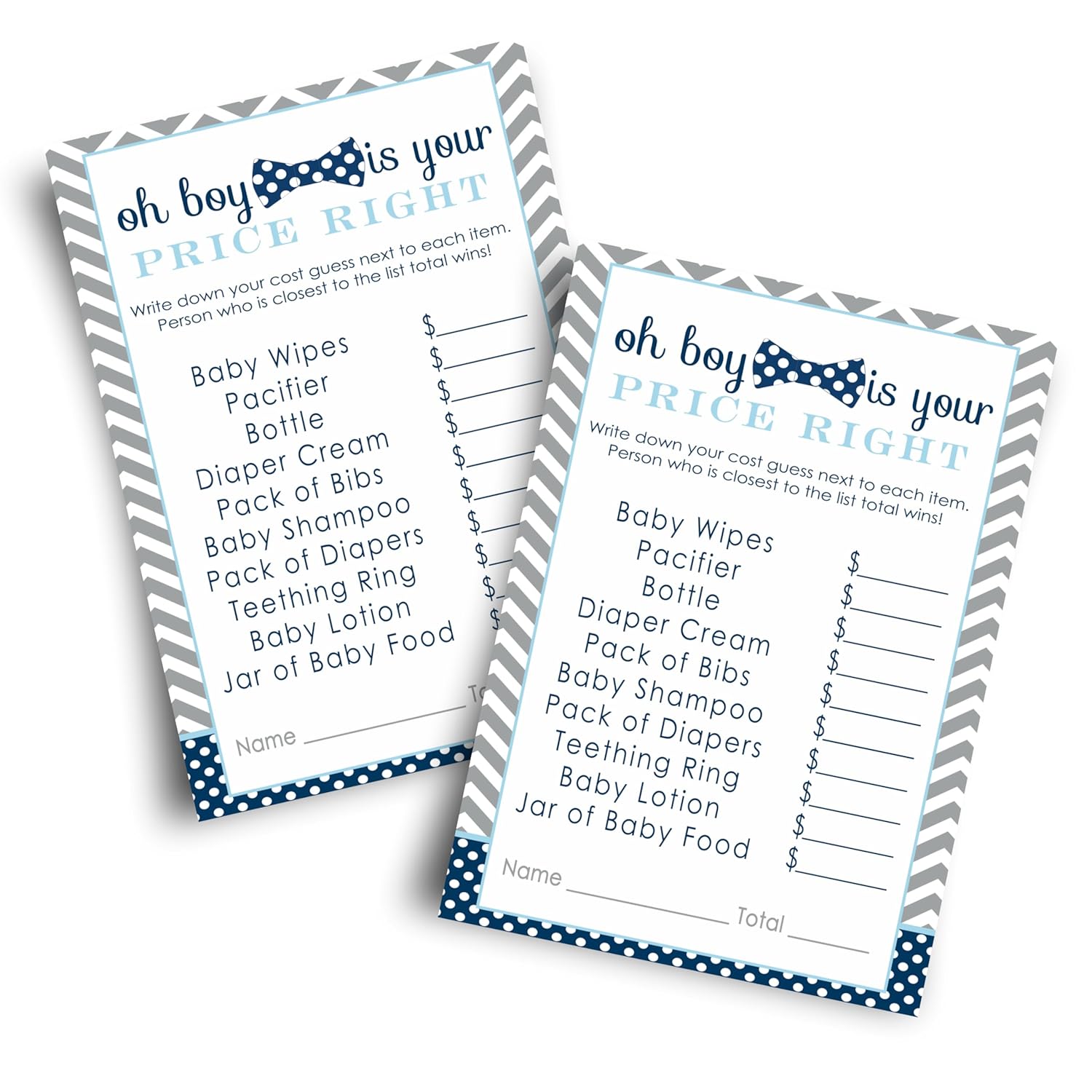 Bow-Tie Guess The Price Baby Shower Games - 25 Cards - Little Man Themed Baby Shower Game Ideas - Navy And Grey 4X6 Card Set For Boys
