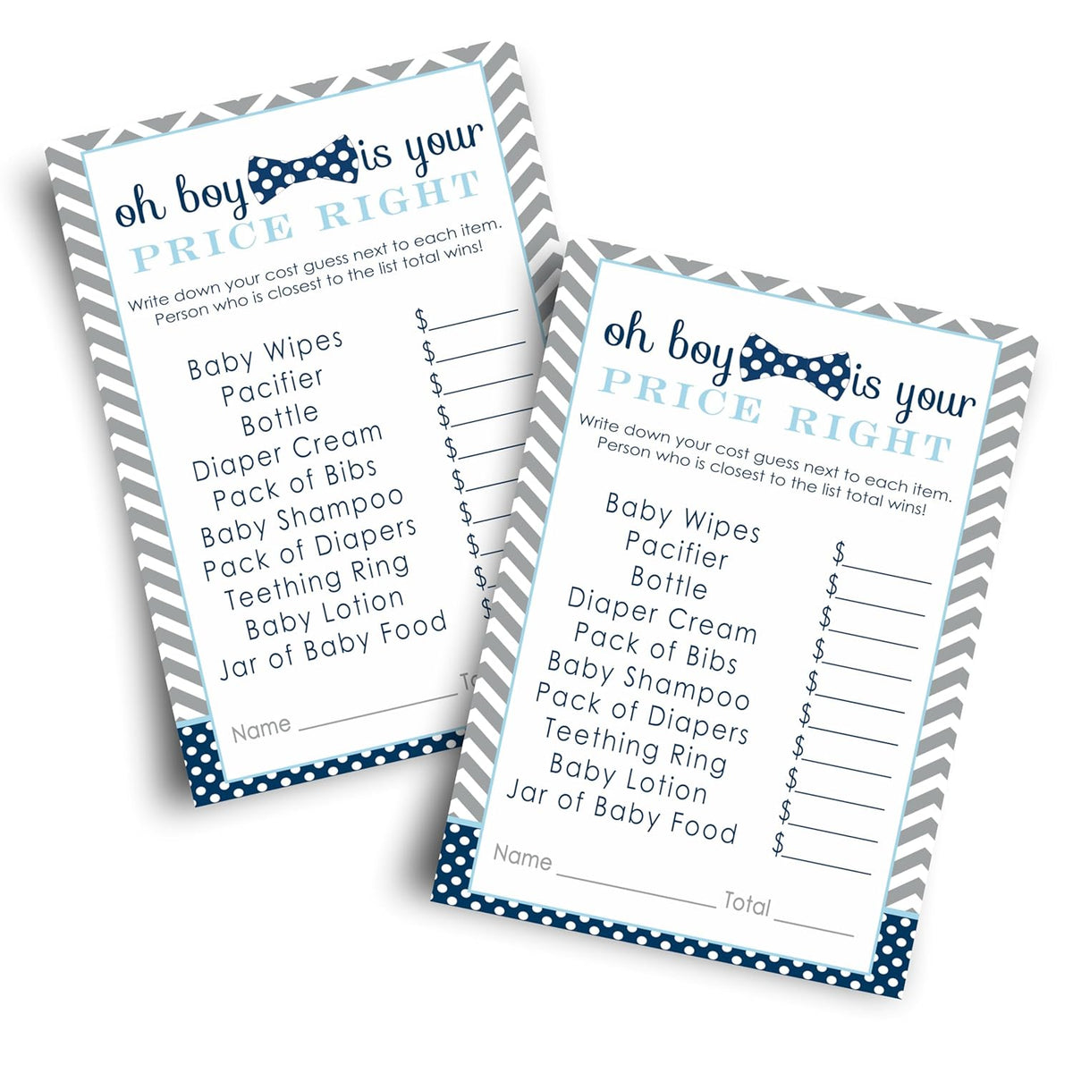Bow-Tie Guess The Price Baby Shower Games - 25 Cards - Little Man Themed Baby Shower Game Ideas - Navy And Grey 4X6 Card Set For Boys