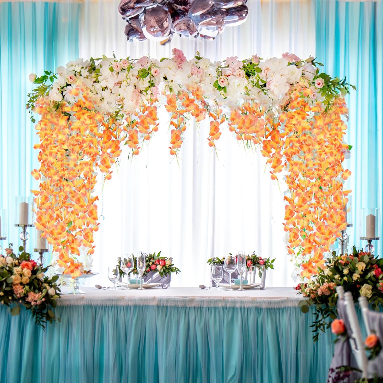 12 Pack Wisteria Hanging Flowers, 45 In /3.7Ft Artificial Vine Hanging Flowers For Decoration, Fake Long Rattan Hanging Garland Silk Flowers String For Wedding, Garden, Bedroom, Home Decor-Orange