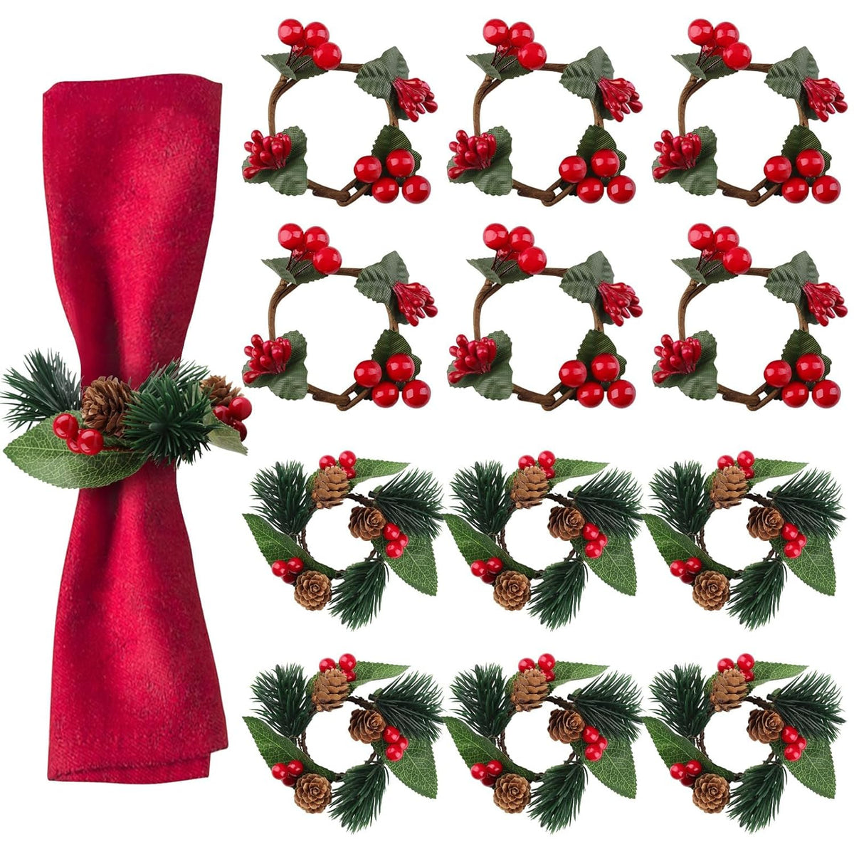 12Pcs Christmas Napkin Rings Xmas Napkin Holders Wooden Napkin Buckles Pine Needle Wreath Holly Berry Napkin Buckles Wooden Tableware Supplies For Banquet Party Table Decoration?Wreath?