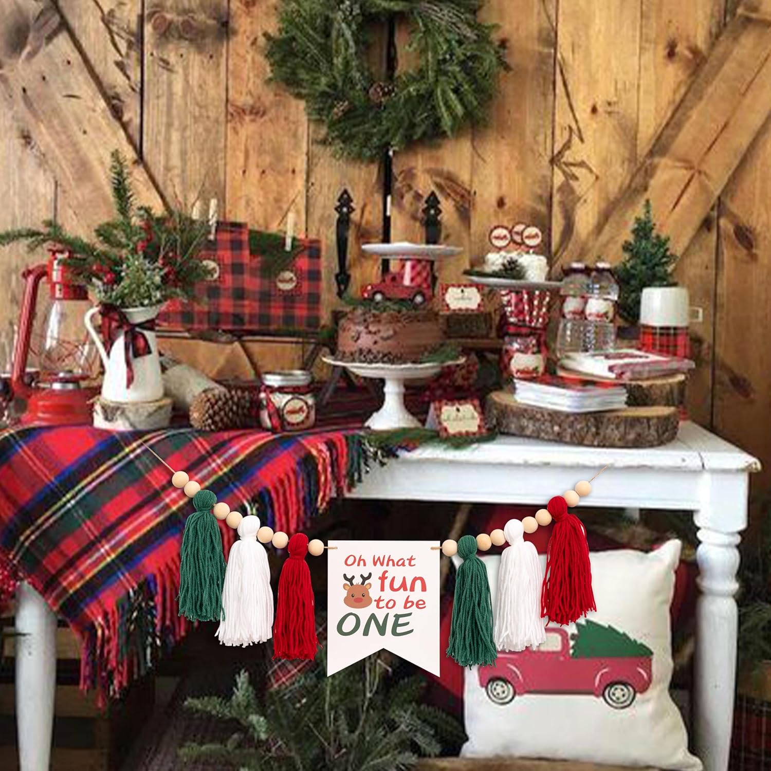 Christmas High Chair Banner - What Fun It Is To Be One Highchair Banner,Little Reindeer Xmas Garland,Merry Little Christmas Decorations (Christmas Tassel)