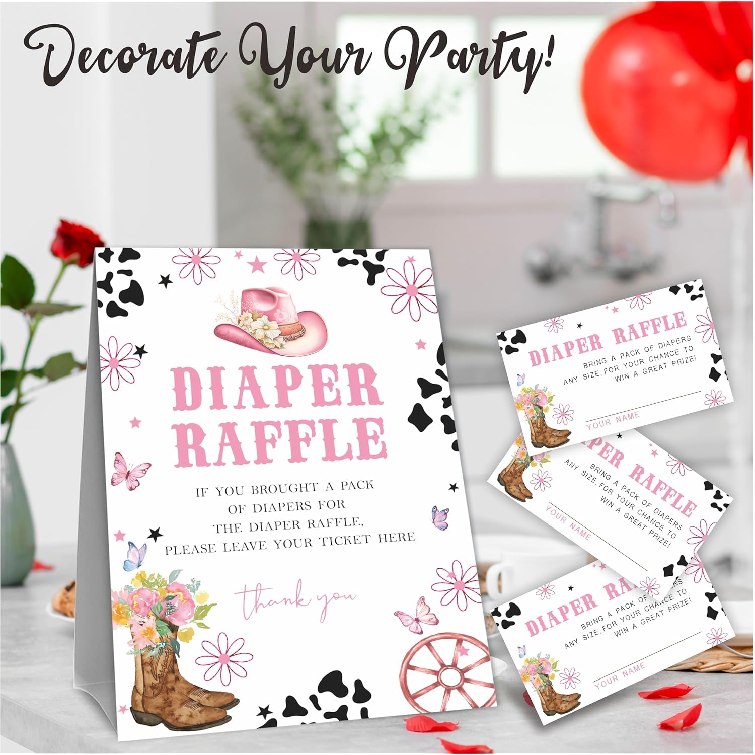 Baby Shower Diaper Raffle Game Kit, Western Cow Girl Theme, 50 Tickets & 1 Standing Sign, Decoration For Shower, Gender Reveal, Baby Announcement, Party Favor & Decorations - B09, Medium