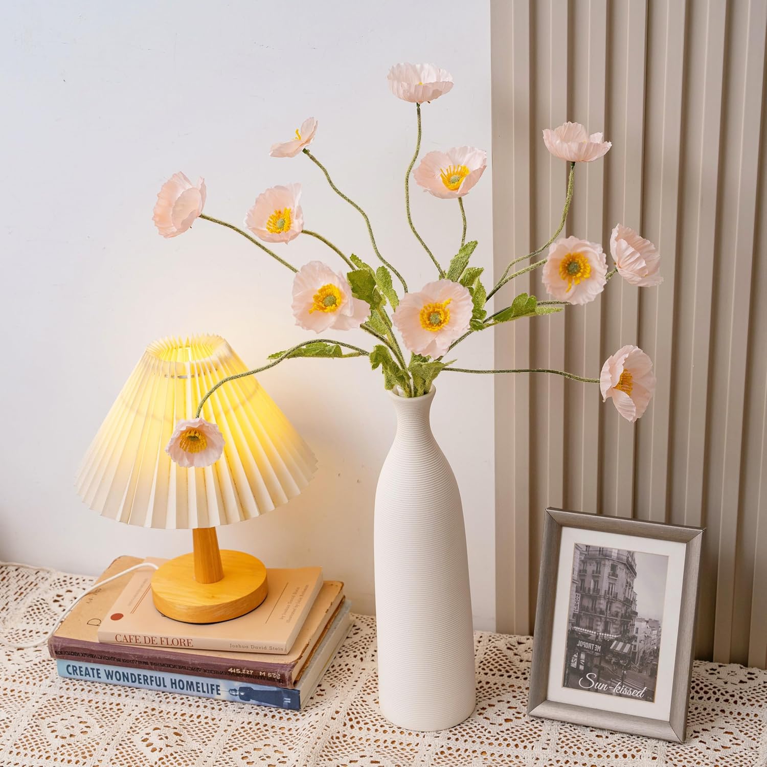 Artificial Flowers In Vase Silk Poppy Flowers For Decoration Realistic Bouquet- Faux Flowers With Vase - Pink Poppy Flowers Home Decor Table Centerpieces Decoration Office Wedding