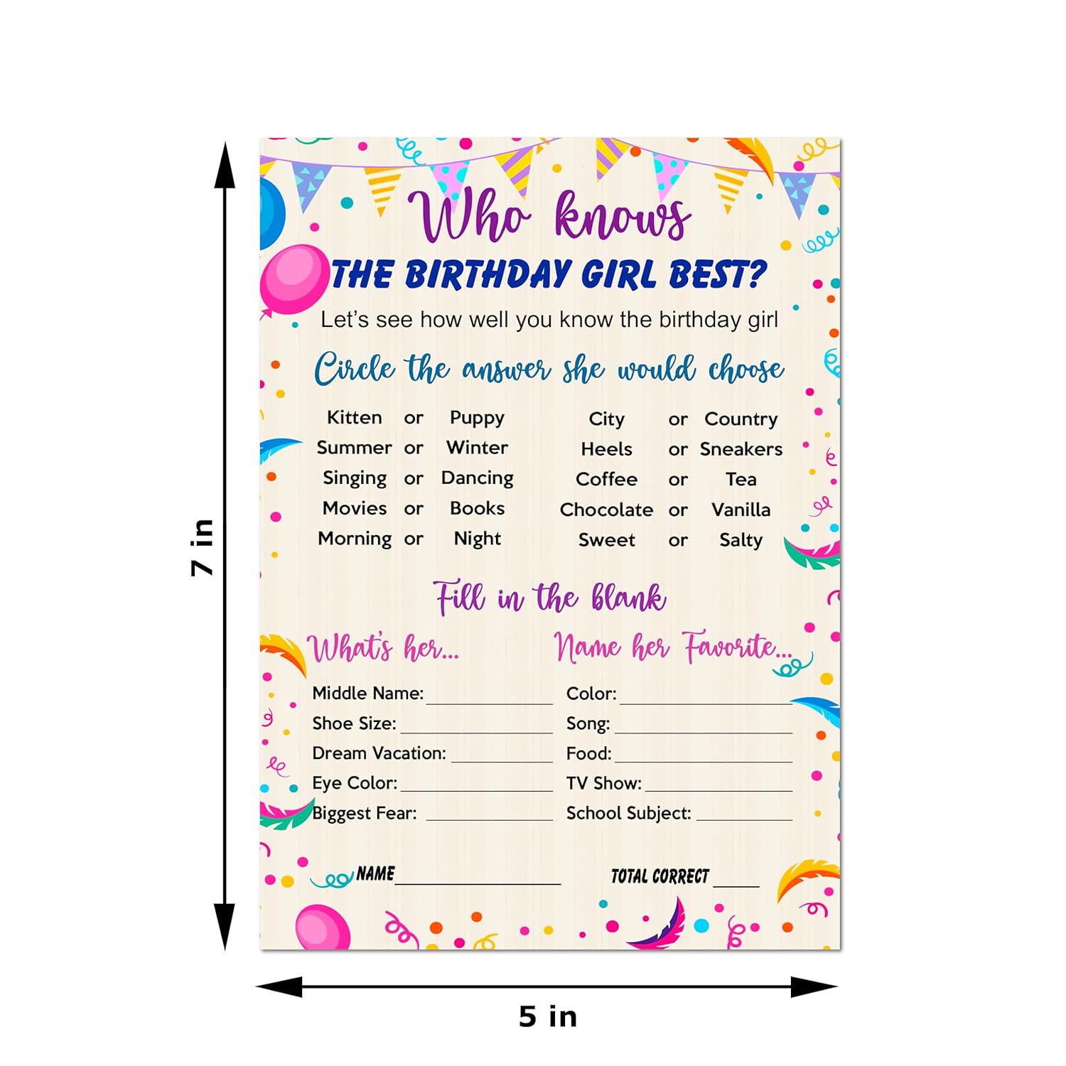 Who Knows The Birthday Girl Best Game, Themed Birthday Party Ideas, Fun Game For Sleepover, Play Pack Of 30 Cards 5”X7”. Made In Usa