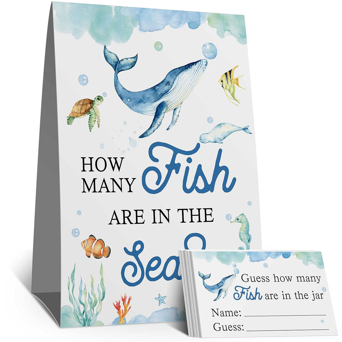 Guess How Many Fish In The Sea Mermaid Party Game ,How Many Candy Sharks Game? Watercolor Ocean Themed Baby Showers Decorations Game(1 Sign+50 Cards),Bridal Showers?Birthday, Funny Party Game