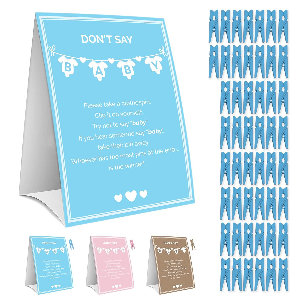 Baby Shower Games For Boy, Don'T Say Baby Game,1 Sign And 50 Mini Blue Clothespins, Shower Game Ideas
