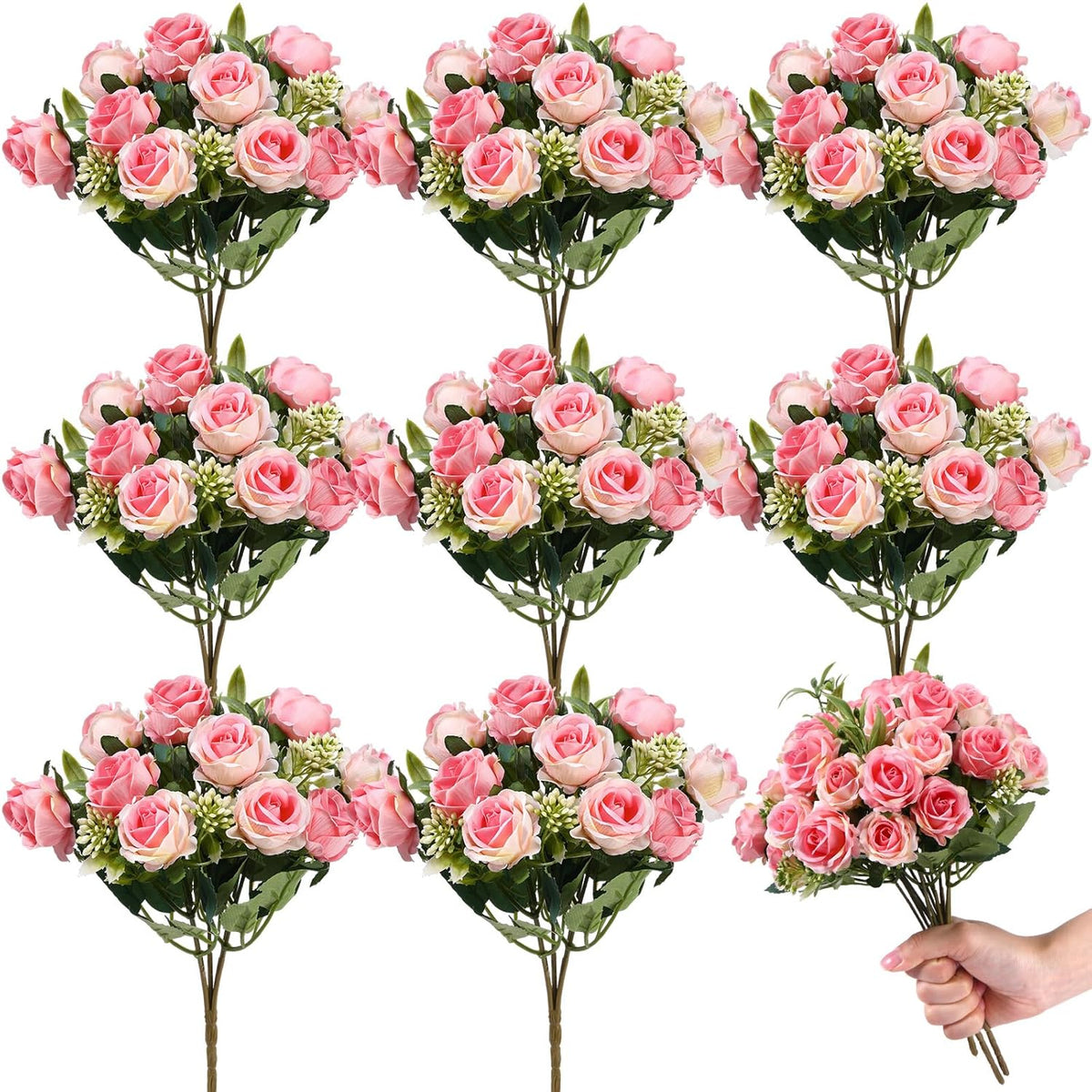 8 Pack 12 Inch Wedding Bouquets For Bride Bridesmaid Red Artificial Rose Bouquet Fake Silk Roses Flowers Bunches Bulk For Home Office Garden Parties(Pink)