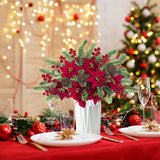 6Pcs Christmas Flowers Artificial Pine Branches Poinsettia Floral Picks 14’’ Red Berry Stems With Pinecones For Home Porch Garden Indoor Outdoor Holiday Xmas Decorations