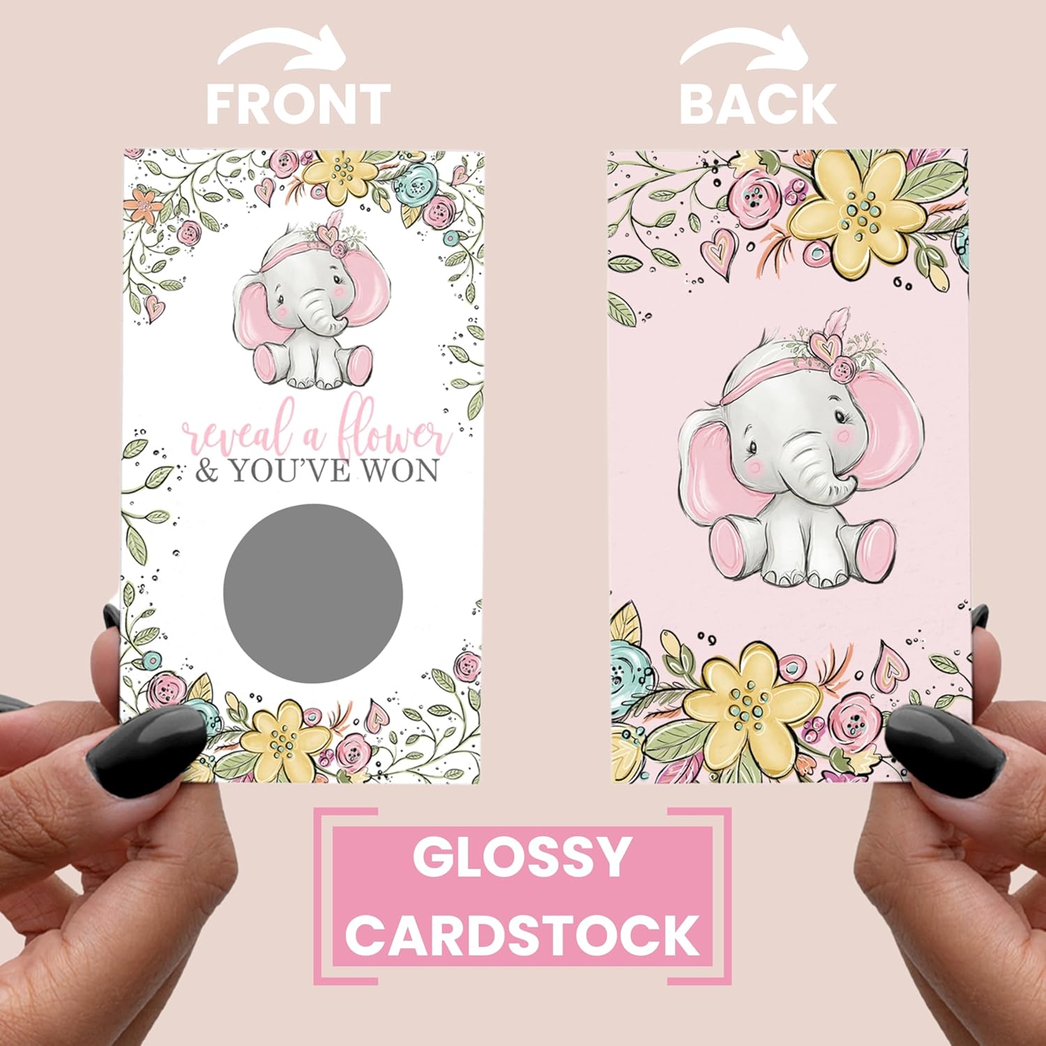 Pink Elephant Baby Shower Scratch-Off Game Cards For Girls - 30 Fun Guest Activities With Prizes
