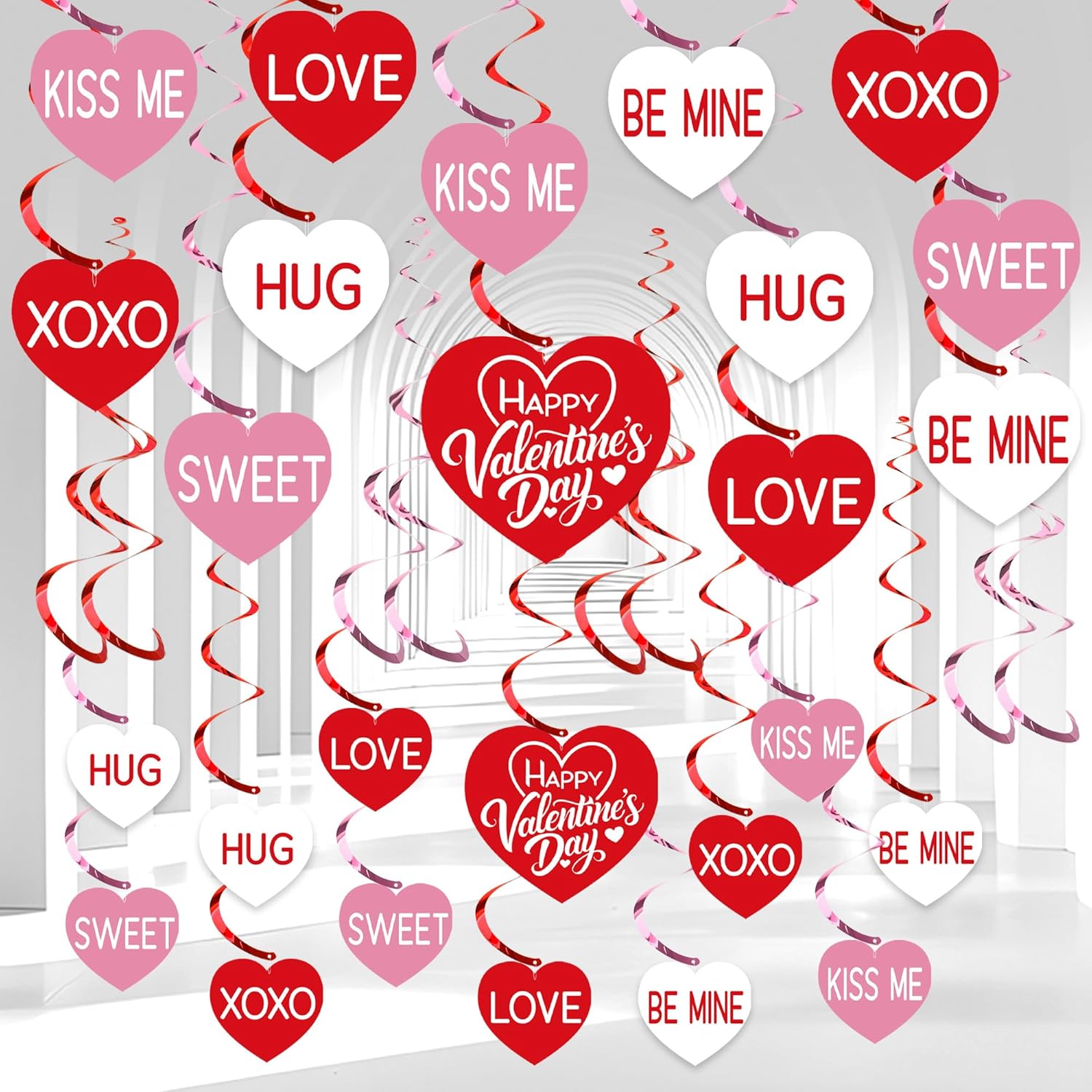 30 Pcs Hearts Hanging Swirls Decoration Pre-Strung Valentines Day Hanging Decorations Conversation Hearts Ceiling Streamers For Valentines Day Party Home Decor