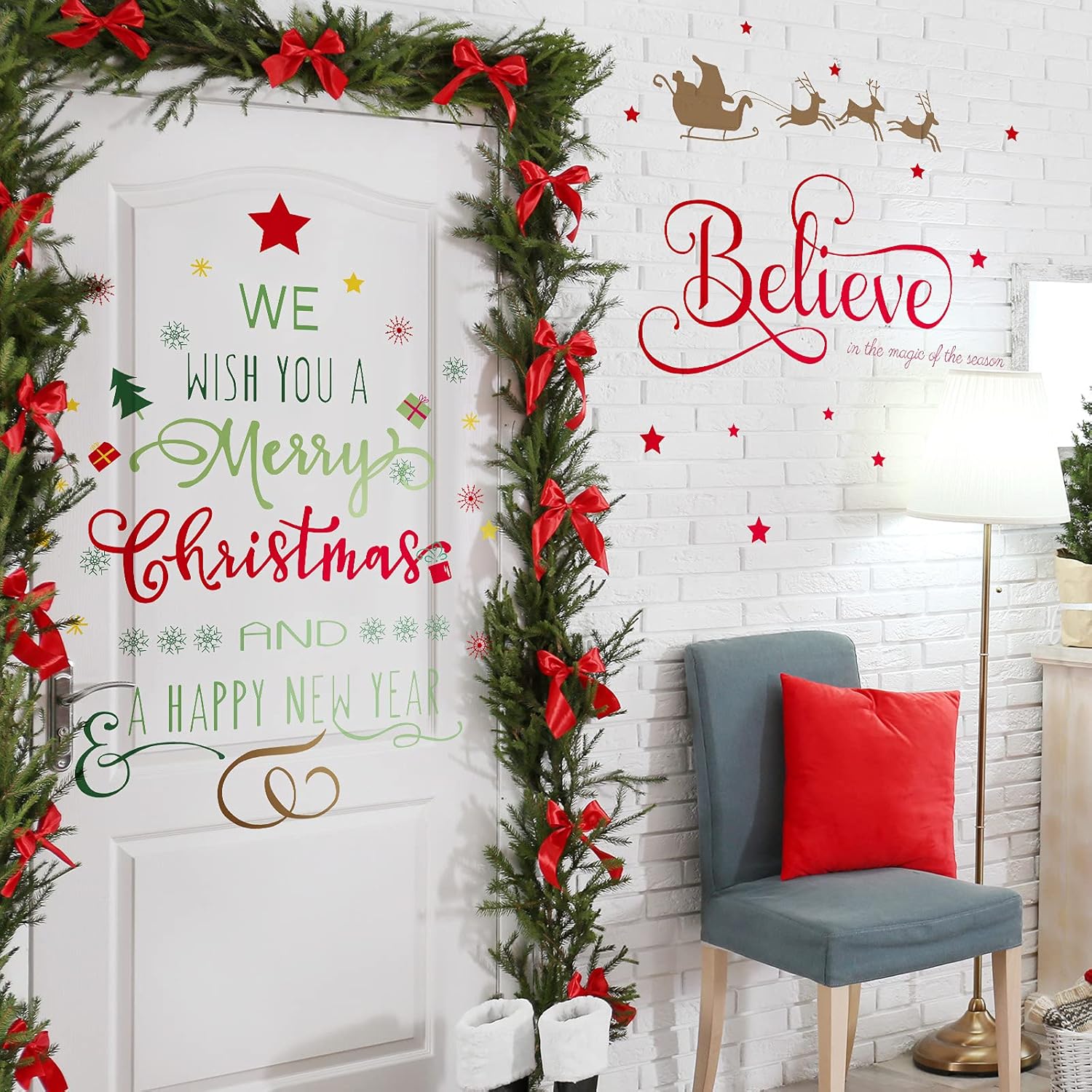 Christmas Decal Stickers New Year Happy Believe Quotes Wall Decals Reindeer Tree Vinyl Art Decor Removable Modern For Party Supplies Home Window