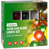 G40 Satin Globe Lights Set – 25 Red, Green & Clear Bulbs - Indoor Outdoor – 25 Feet Light String - Christmas Tree Holida