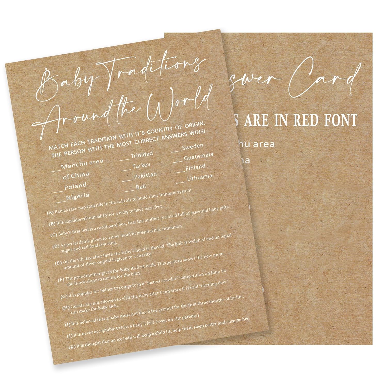 Kraft Paper Baby Shower Game, 30 Baby Traditions Around The World Game Cards With 1 Answer Card, For Baby Boy Or Girl, Gender Reveal, Baby Shower Game Activity, Party Favors And Decorations-14