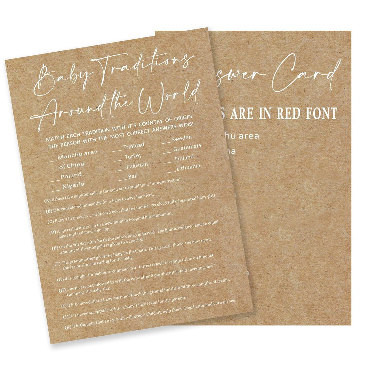 Kraft Paper Baby Shower Game, 30 Baby Traditions Around The World Game Cards With 1 Answer Card, For Baby Boy Or Girl, Gender Reveal, Baby Shower Game Activity, Party Favors And Decorations-14