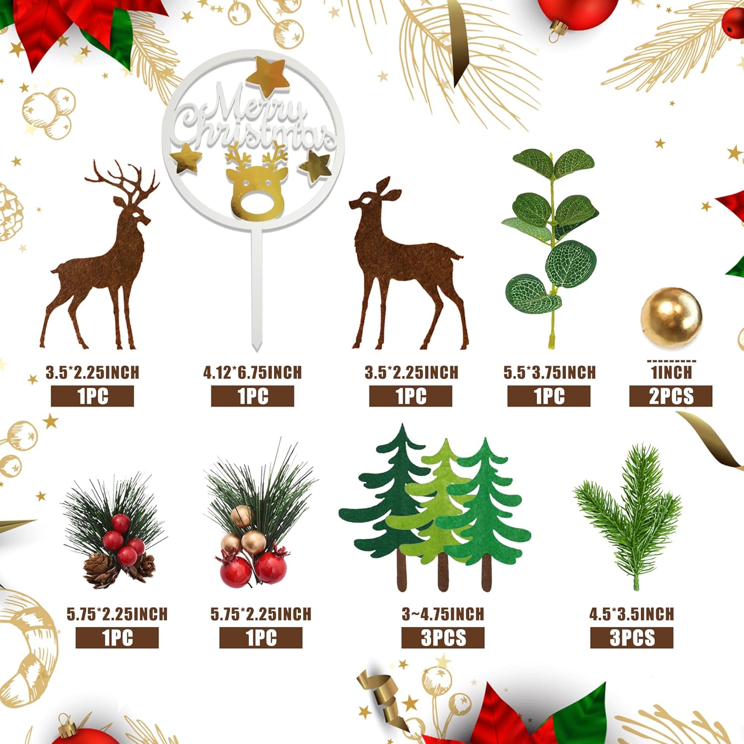 14Pcs Christmas Cake Topper Merry Christmas Cake Decorations With Deer Santa Pine Tree For Xmas Winter Holiday Cake Decor Party Supplies (Gold)