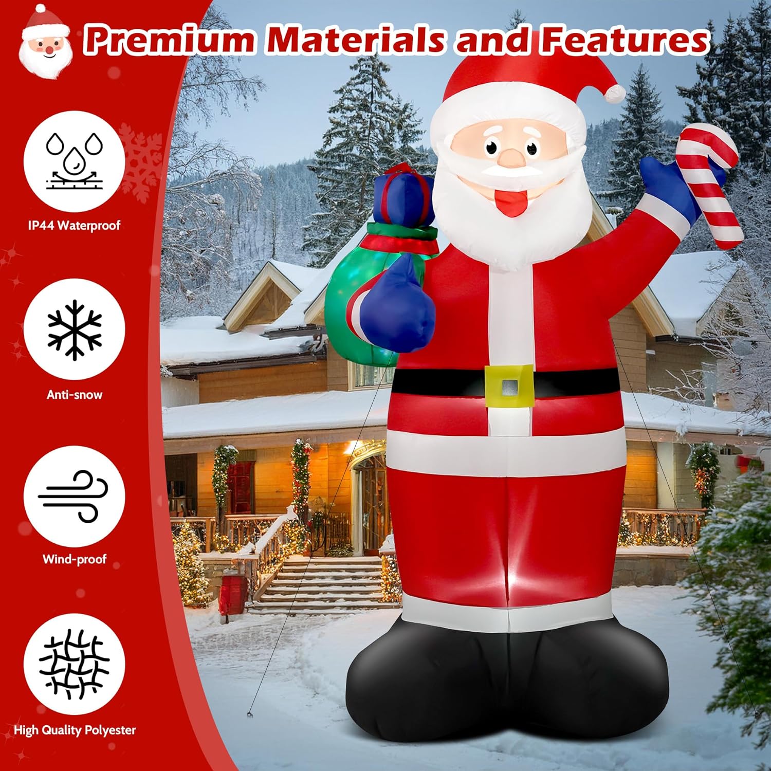8 Ft Christmas Inflatable Santa Claus With Big Flashing Gift Bag Outdoor Decor, Giant Blow Up Santa With Candy Ip44 Weat