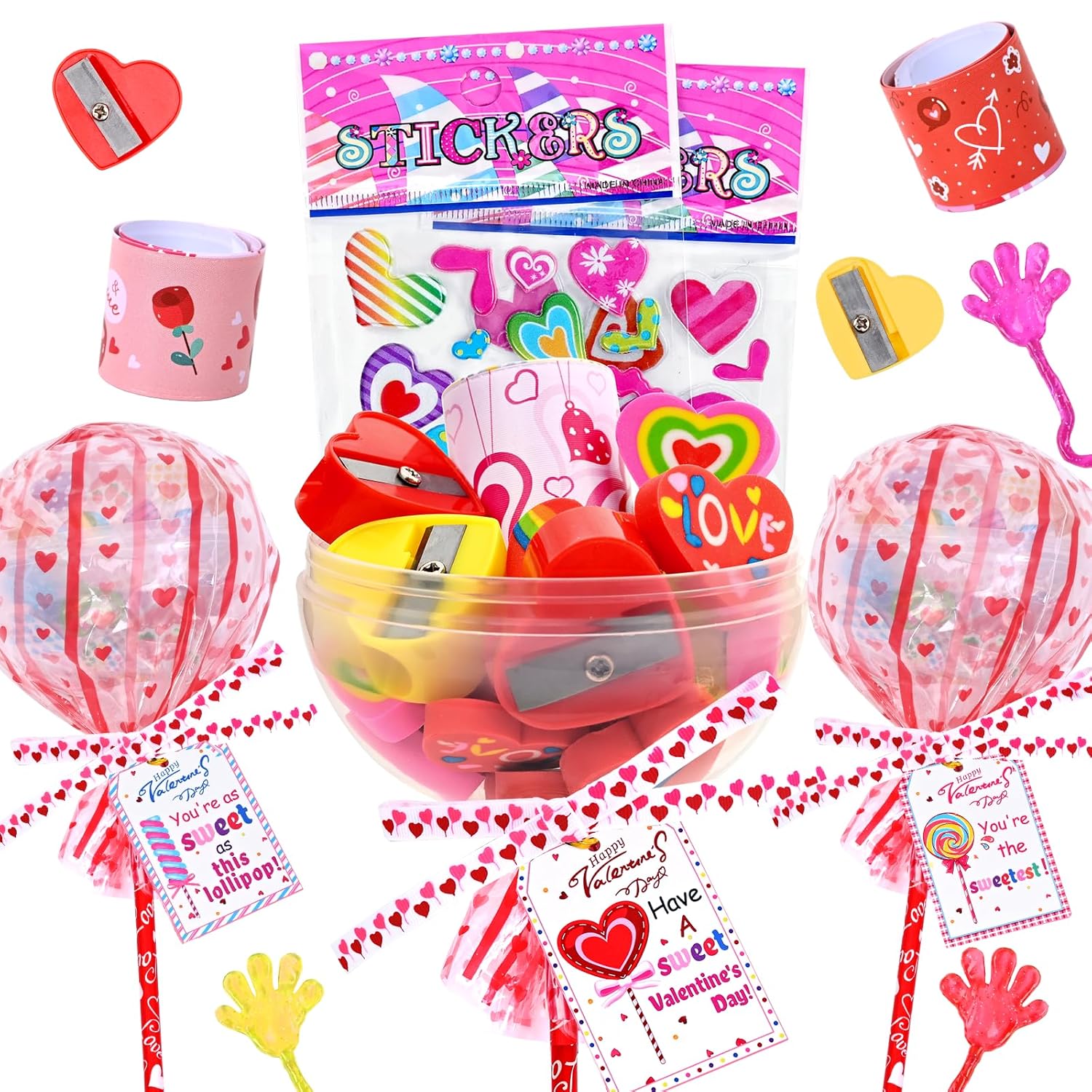 24 Pack Valentines Day Gifts, Valentine'S Day Cards For Students, Lollipop-Shaped Stationery Set With Pencils Stickers Erasers Sharpener For Boys Girls School Classroom Exchange Party Favors