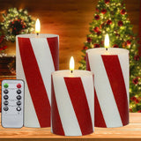 Christmas Flickering Flameless Candles Red Stripes Glitter, Battery Operated Pillar Real Wax Led Electric Candle With Remote Timer For Home Christmas Party Decor D3 X H4 5" 6" Set Of 3