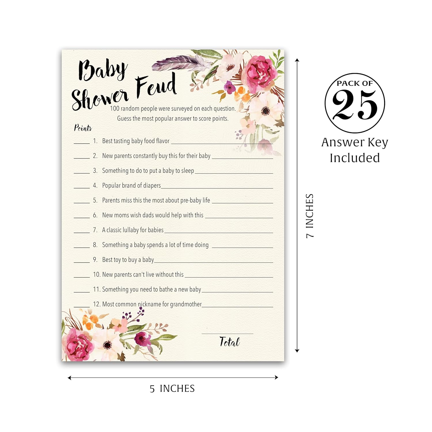 Boho Baby Shower Feud Game — Pack Of 25 — Fun Shower Family Feud Games, Girl Bohemian Pink Floral Baby Shower Activity, Rustic Chic Games G400-Bsf