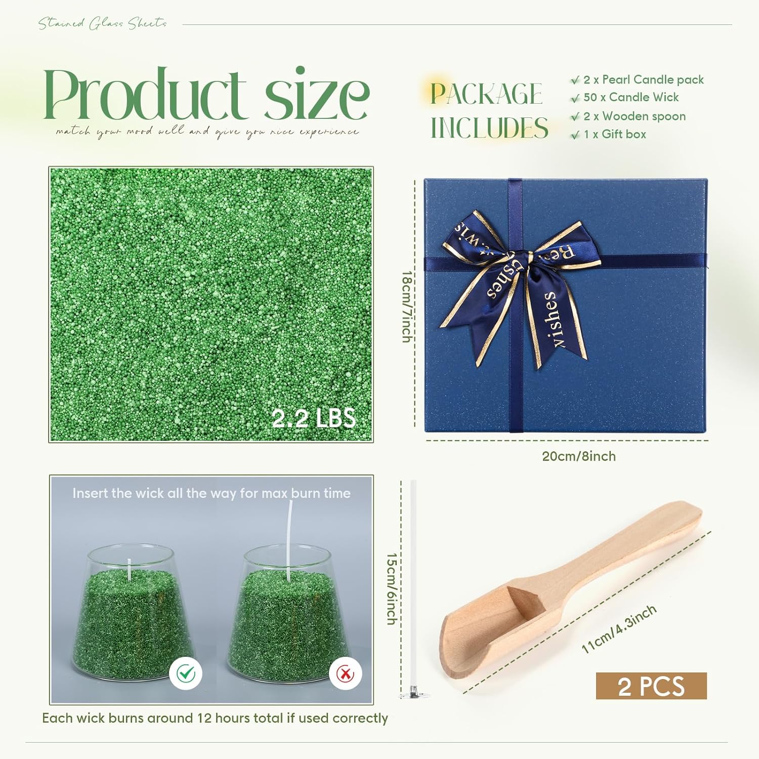 Pearled Candle 2.2 Lb Sand Wax Scented Sand Candle Kit With Gift Box 50 Wicks Refillable Jar Beaded Wax Gift Set For Friends Mother Lover Women Family 2 Pack (Emerald Green,Sage Grapefruit)