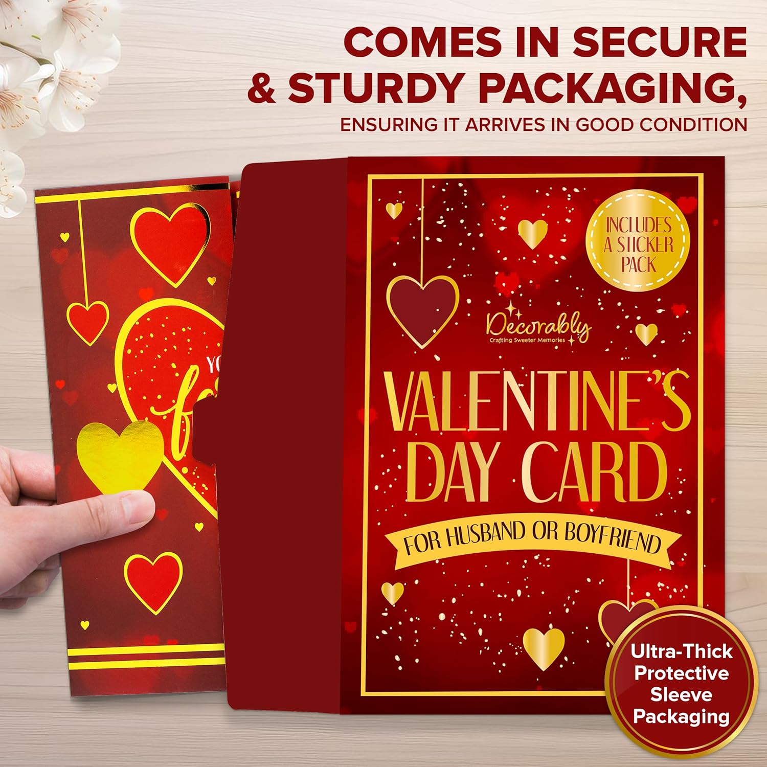 Gold Foiled 5X7In Individual Valentine Card For Husband Set With Multi-Layered Design, Envelope And Stickers, For Wife, Romantic Partner, With Printed Message Inside - Gifting, Mailing