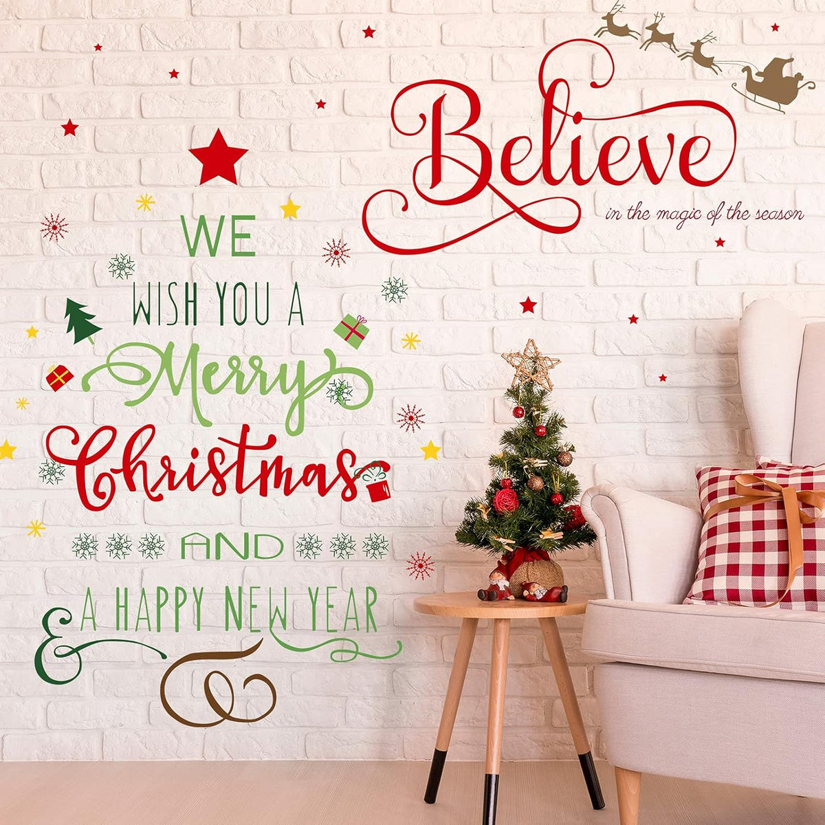 Christmas Decal Stickers New Year Happy Believe Quotes Wall Decals Reindeer Tree Vinyl Art Decor Removable Modern For Party Supplies Home Window