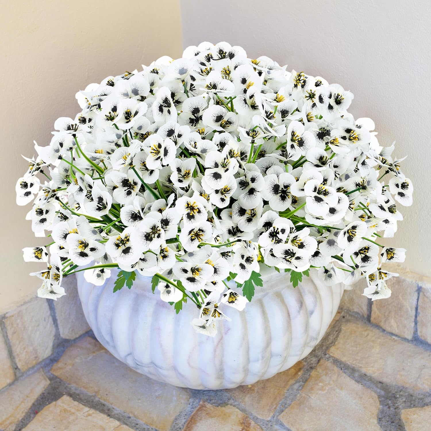 12 Bundles White Artificial Flowers Outdoor Pansy Fake Flower Plastic Uv Resistant Faux Plants For Home Garden Porch Yard Patio Window Farmhouse Outside Summer Decor