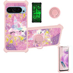 Pixel 9 Case w/ Tempered Glass, Hard PC + Soft Silicone, Ring - Gold Glitter