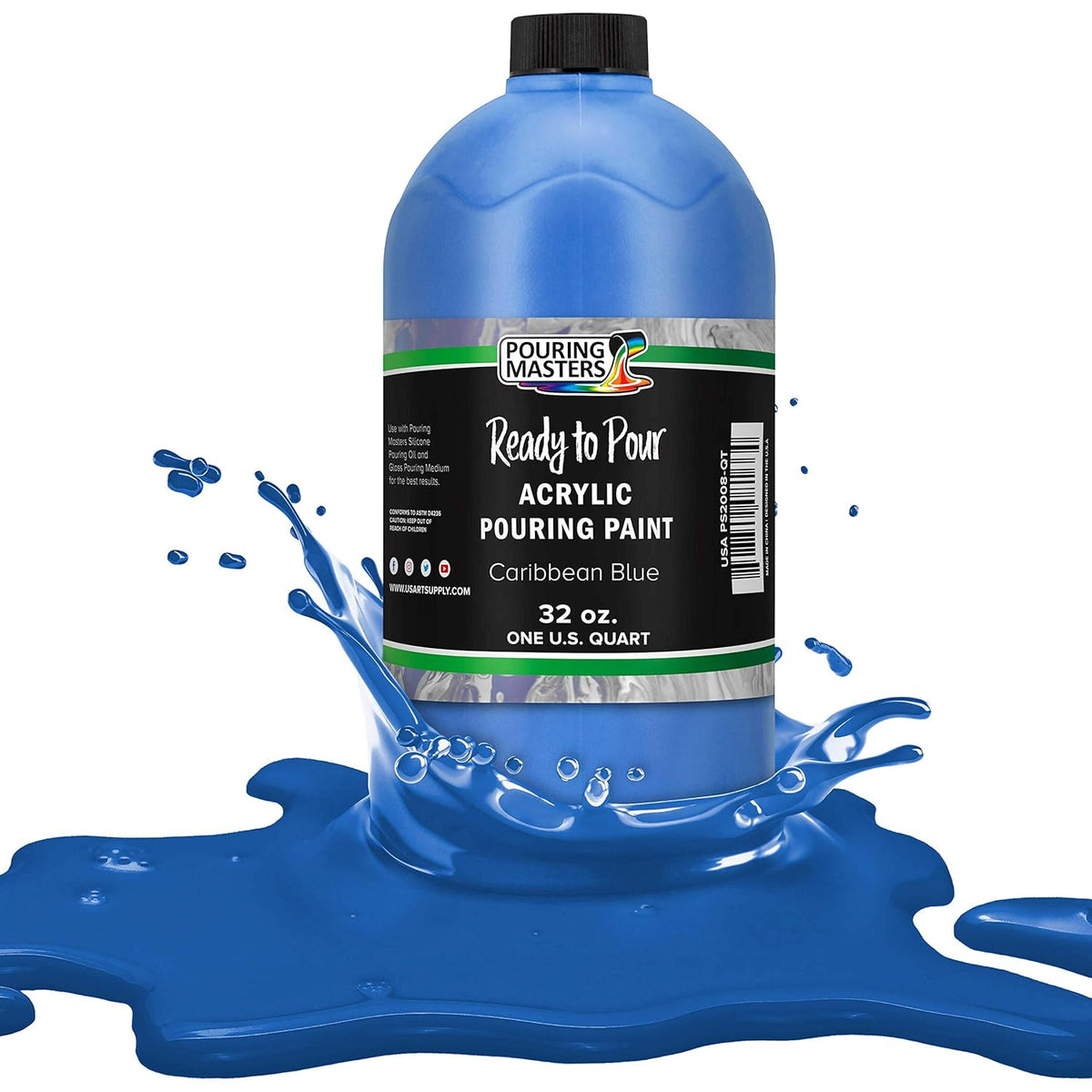 Pouring Masters Caribbean Blue Ready To Pour Acrylic Pouring Paint - Premium 32-Ounce Pre-Mixed Fluid Acrylic Paint - Fluid Art Supplies For Canvas, Wood, Paper, Tile & Rocks
