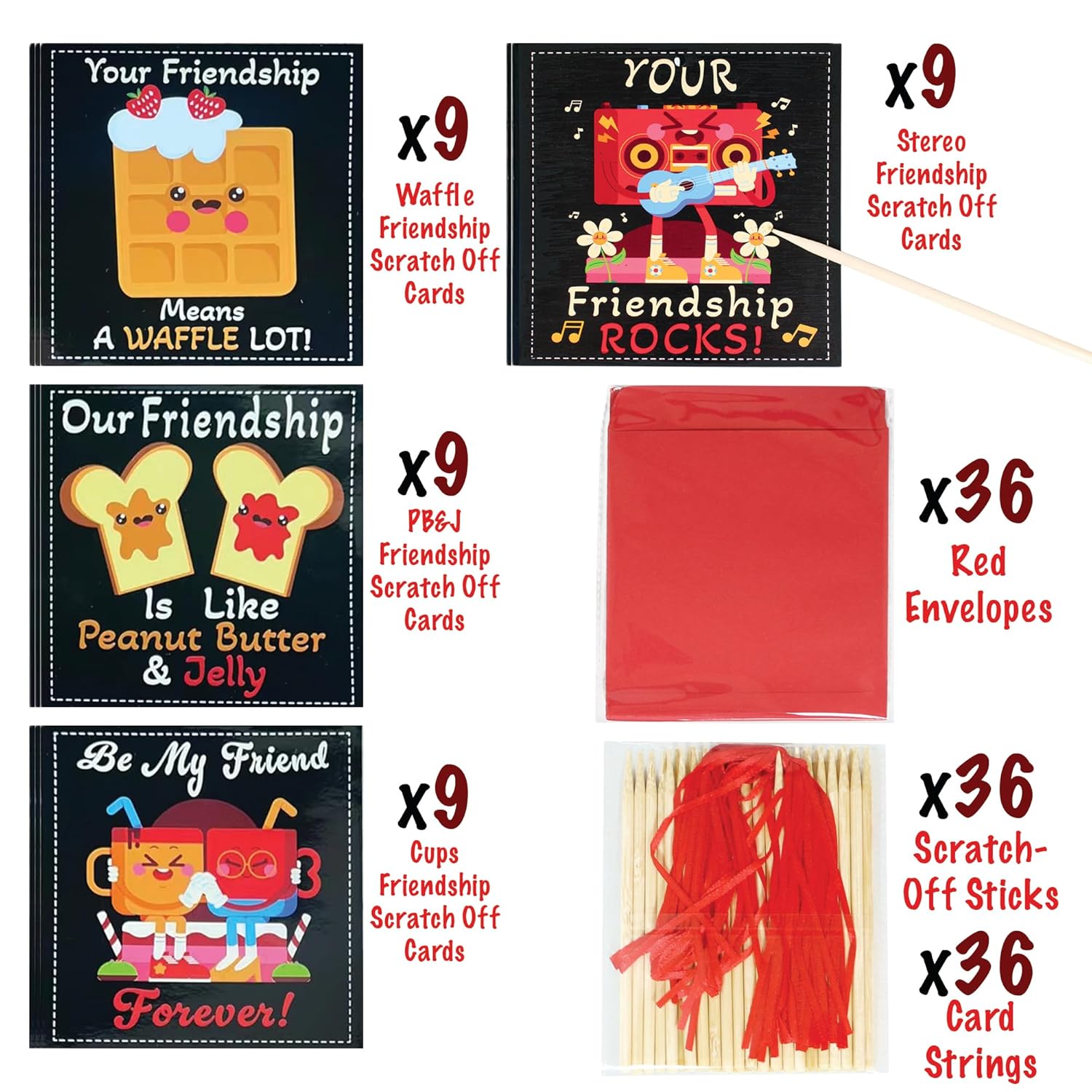 Valentines Scratch Off Cards | 36 Cards, 4 Designs Valentines Set | 5” X 5” Pre Designed Friendship Exchange Cards | Classroom Party Valentines Gifts | Envelopes, Strings, Sticks Included