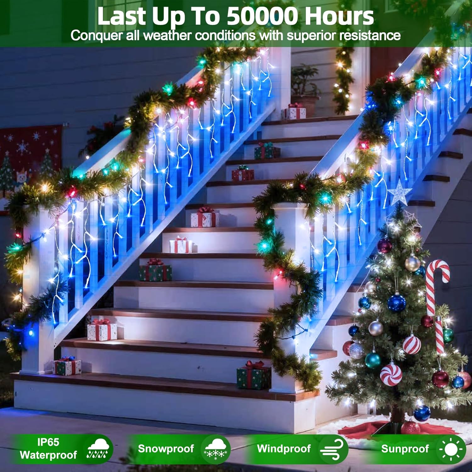 504 Led Christmas Lights With 112 Drops, 50Ft 12 Modes Blue And White Fairy String Lights With Timer Dimmable, Waterproo