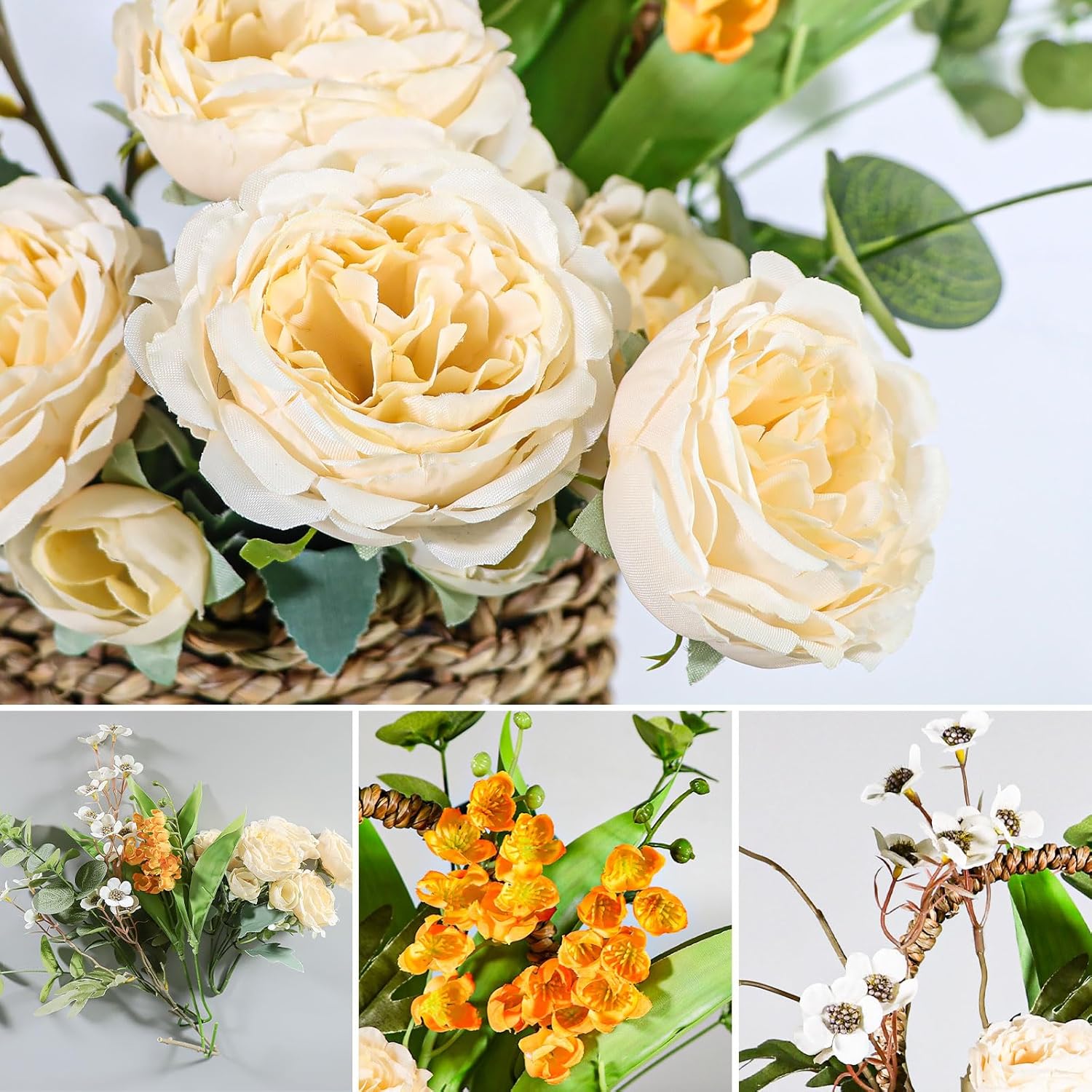 Artificial Flower Arrangement In Woven Basket With Heart Design, Wooden Woven Basket Mixed White Roses And Yellow Orchidsfor Home Decoration Dining Table Centerpiece