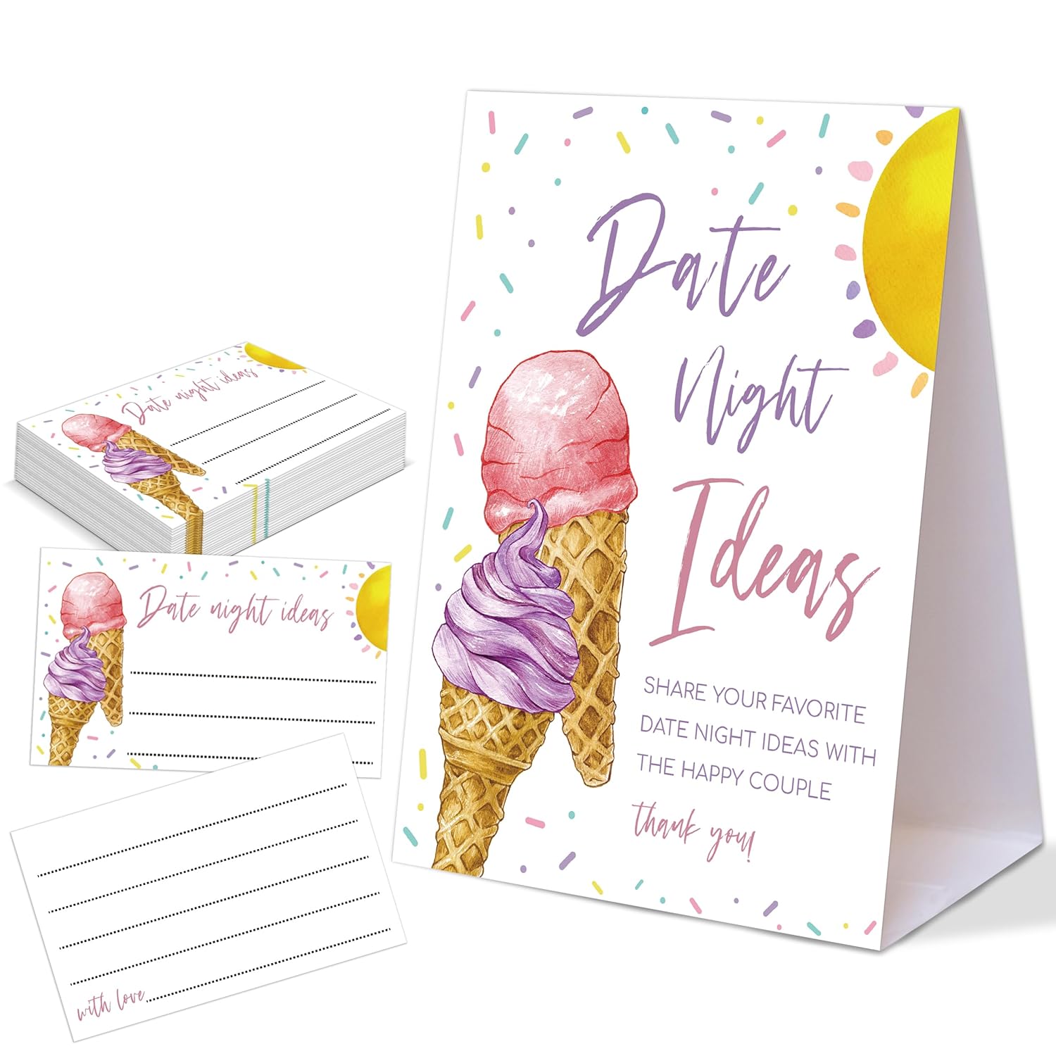 Pink & Purple Ice Cream Themed Share Your Date Night Ideas Game, 1 Tabletop Sign And 50 Cards, Bridal Shower Games 50 Guests, Wedding Shower Games For Engagement Wedding Event & Party Supplies