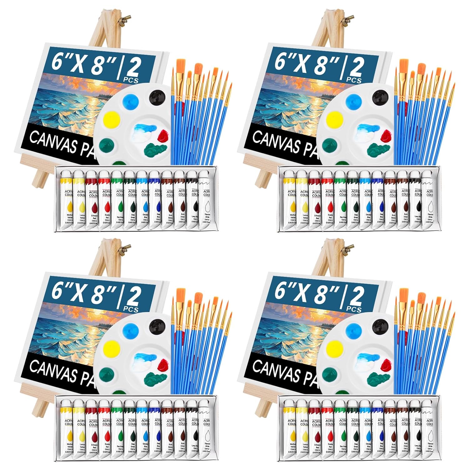 104Pcs Acrylic Paint Canvas Set, Acrylic Painting Kit With 4 Set Of 12 Colors Acrylics Paint,Paint Brushes,Canvas, Wooden Easels, Art Plates, Art Painting Supplies For Kids Adults Beginners