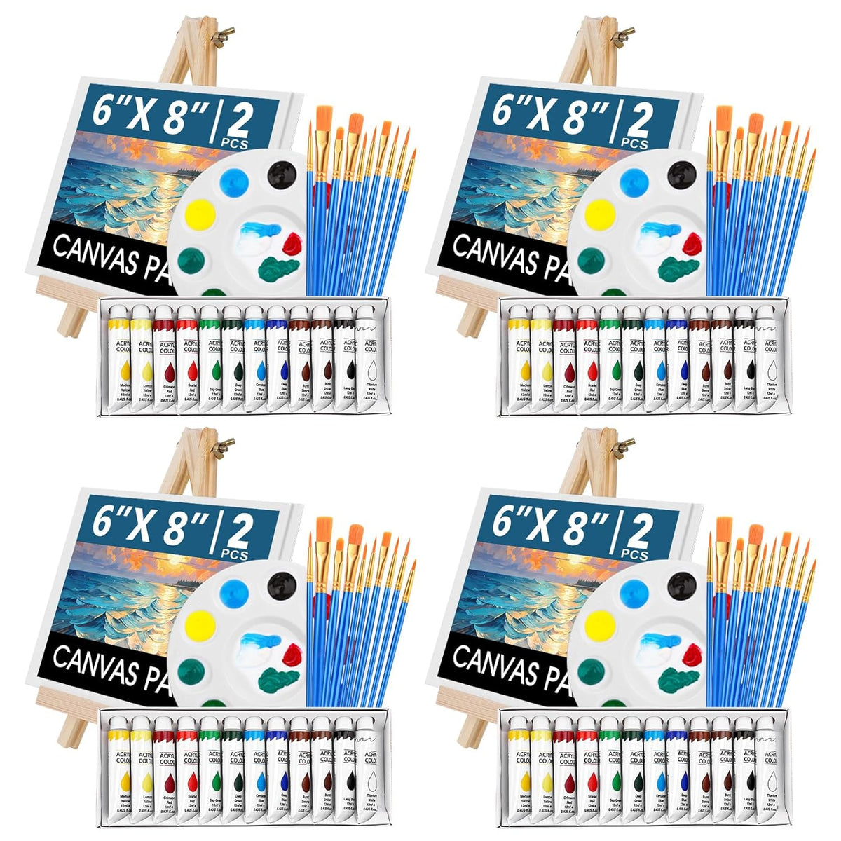 104Pcs Acrylic Paint Canvas Set, Acrylic Painting Kit With 4 Set Of 12 Colors Acrylics Paint,Paint Brushes,Canvas, Wooden Easels, Art Plates, Art Painting Supplies For Kids Adults Beginners