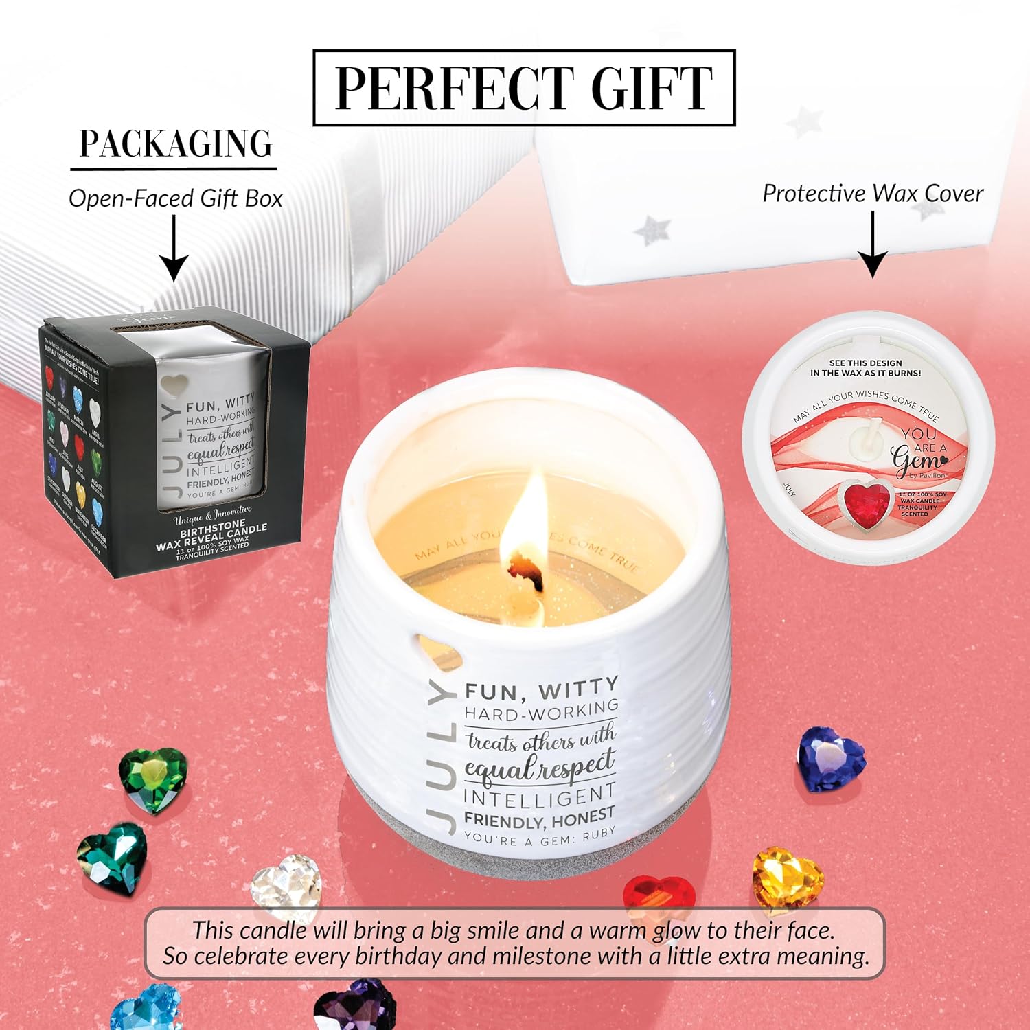 Pavilion Gift Company - July 11 oz Wax Reveal Candle, Natural Soy Wax Birthstone Candle, Jasmine Scented, Gemstone Candle with Crystal Inside, Birthday Gifts for Women, 1 Count