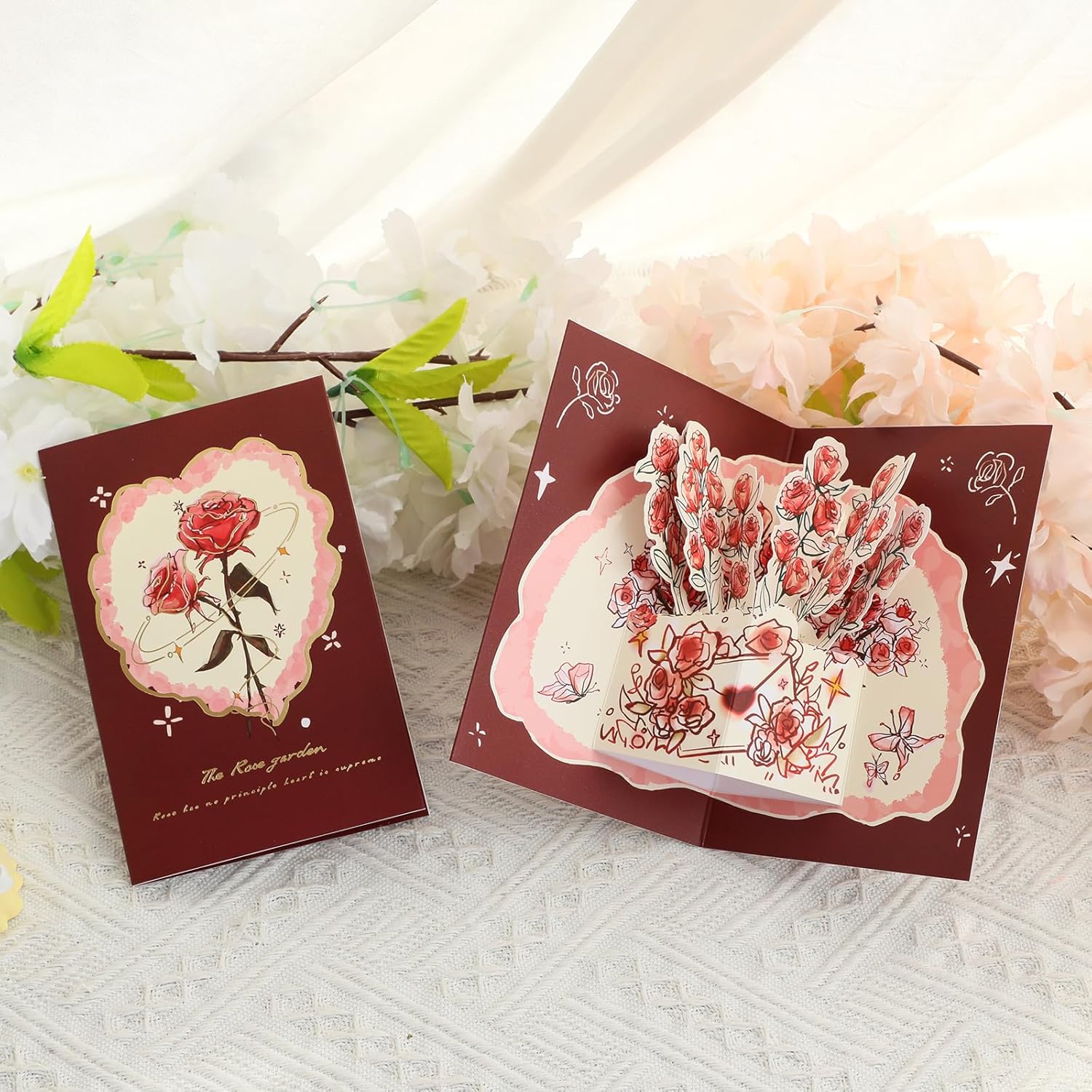 Pop Up Red Rose Flower Card 3D Paper Flower Card for Mother's Day Birthday Anniversry Valentines Day Thank You, 6 IN Romantic Card for Mom Wife Girlfriend with Message Tag and Envelope