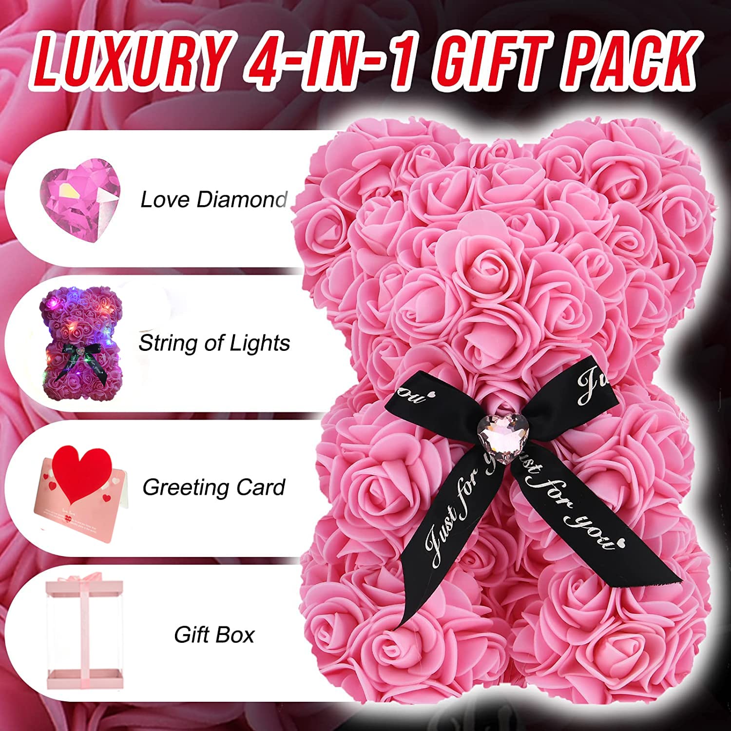Flower Rose Bear,Romantic Gift For Valentine'S Mother'S Day, Christmas, Birthday,Girl Friend Her Mom Female Wife With Artificial Heart-Shaped Diamonds Pink