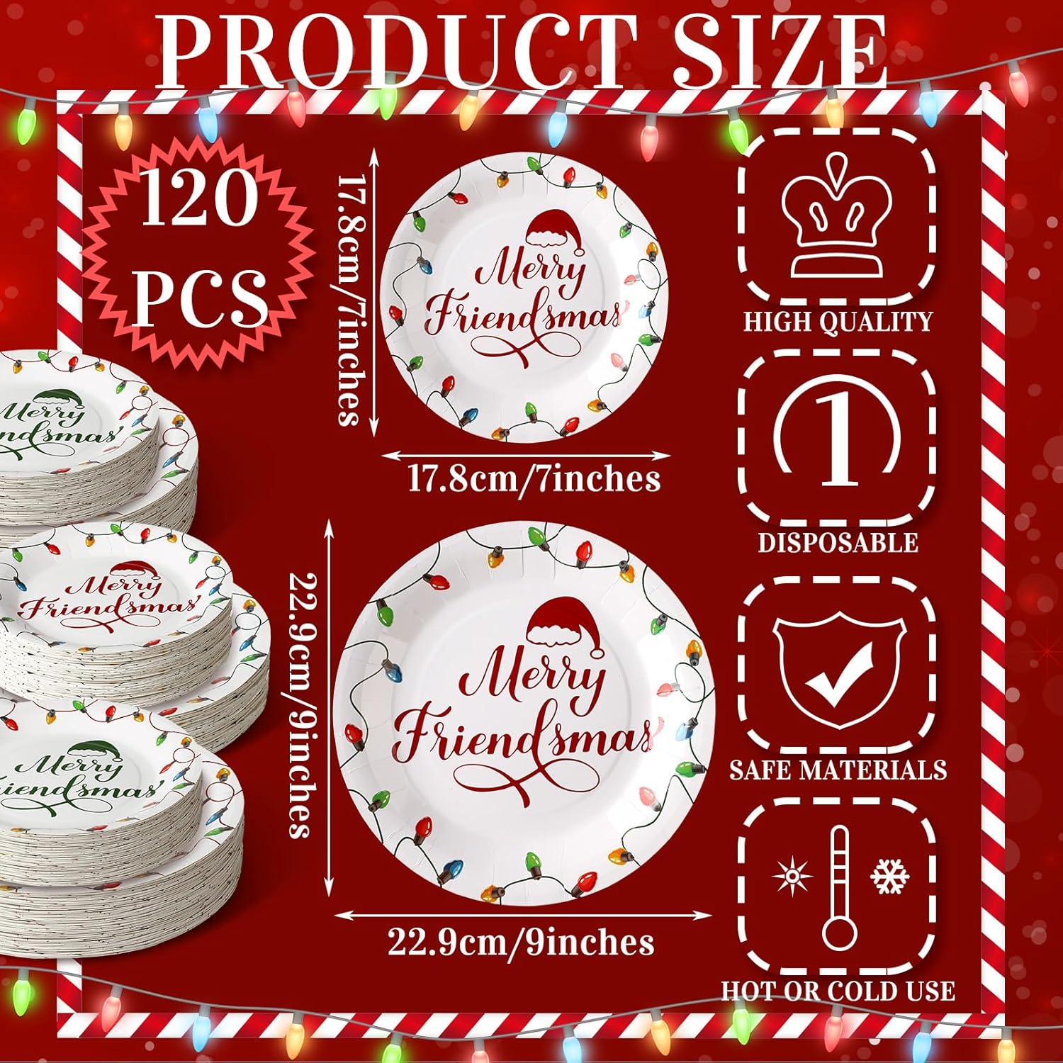 120 Pcs Christmas Lights Disposable Paper Plates Set 9'' And 7'' Merry Friendsmas Christmas Dessert Plates Bulk For Xmas Birthday Party Decor