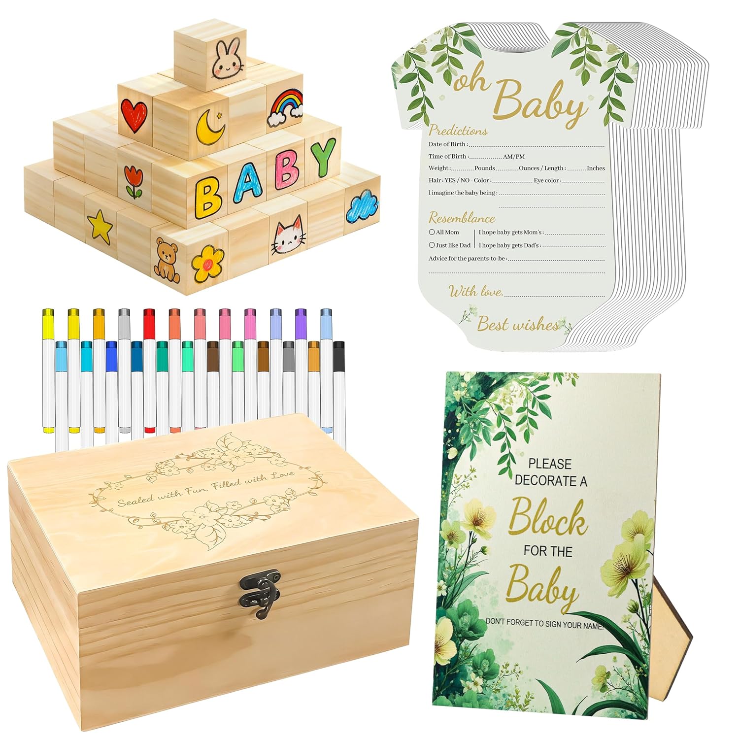 124-Piece Baby Shower Games Kit With Wooden Blocks, Prediction Cards, And Acrylic Paint Pens – Creative Baby Shower Activities, Decorations, And Keepsakes For Gender Neutral Parties (Light Wood)