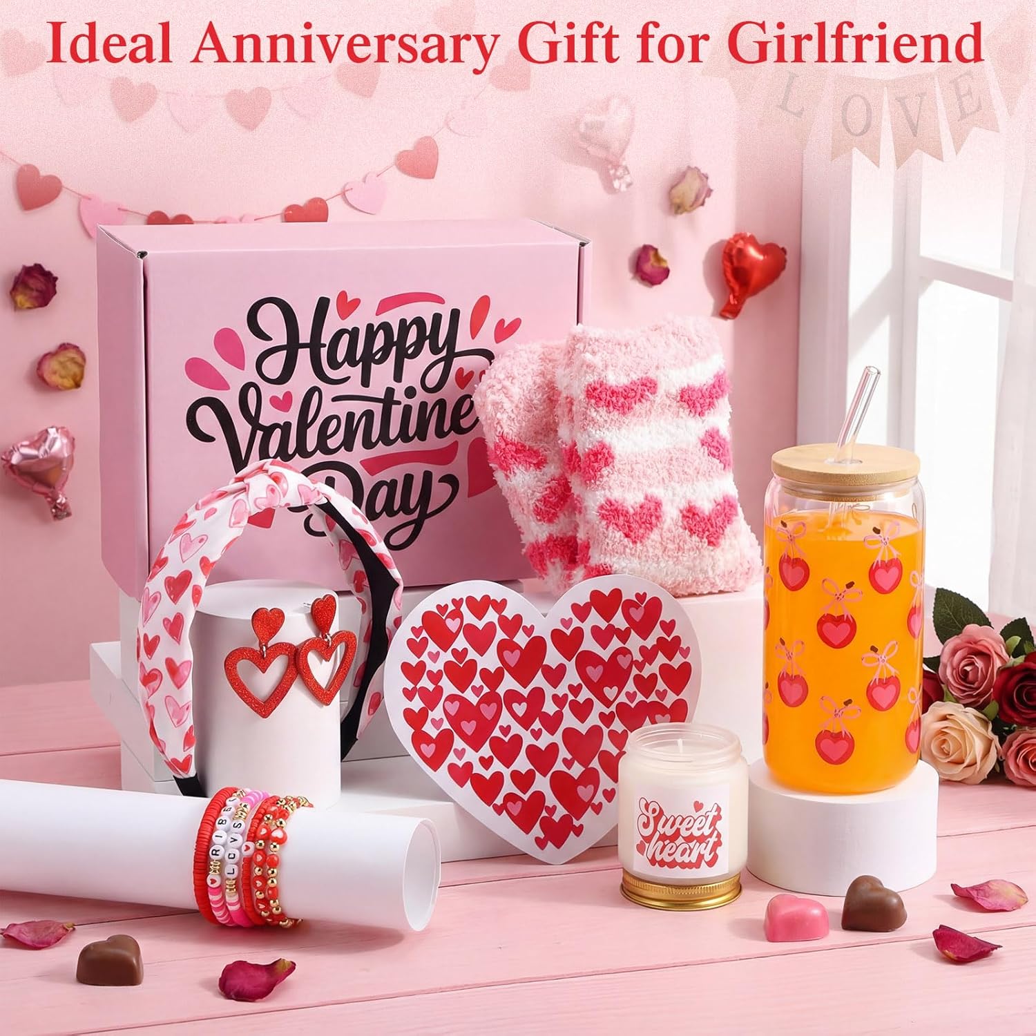 8 Pcs Gifts Set For Women Happy Gift Basket Includes 17Oz Coffee Glass With Lid Straw Scented Candle Bracelet Hairband Socks Earrings Card Box (Valentines Day)