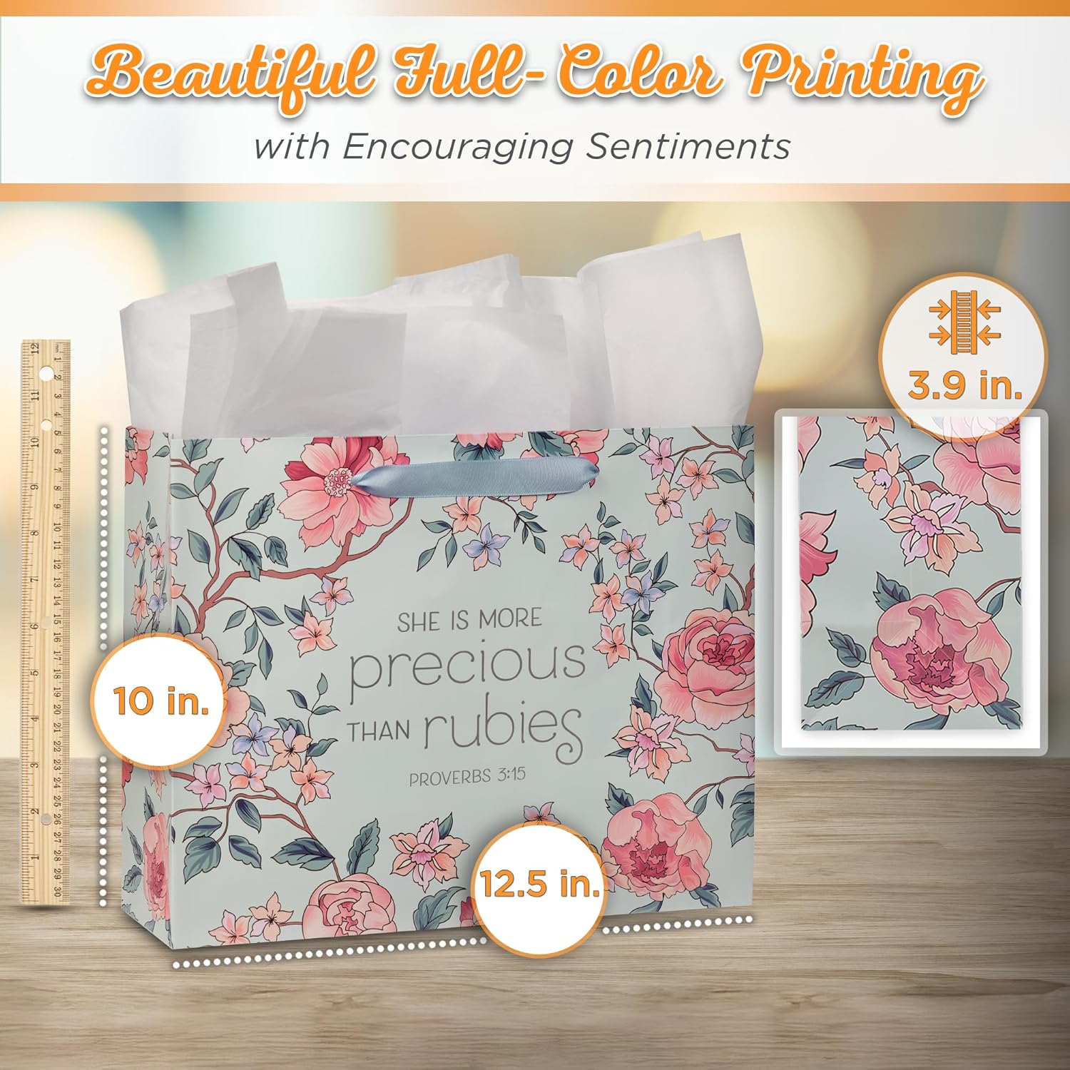 Large Landscape Gift Bag For Moms W/Greeting Card & Tissue Paper Set: More Precious Than Rubies - Prov. 3:15 Inspirational Bible Verse For Mother'S Day, Birthdays, Blue/Pink, Large