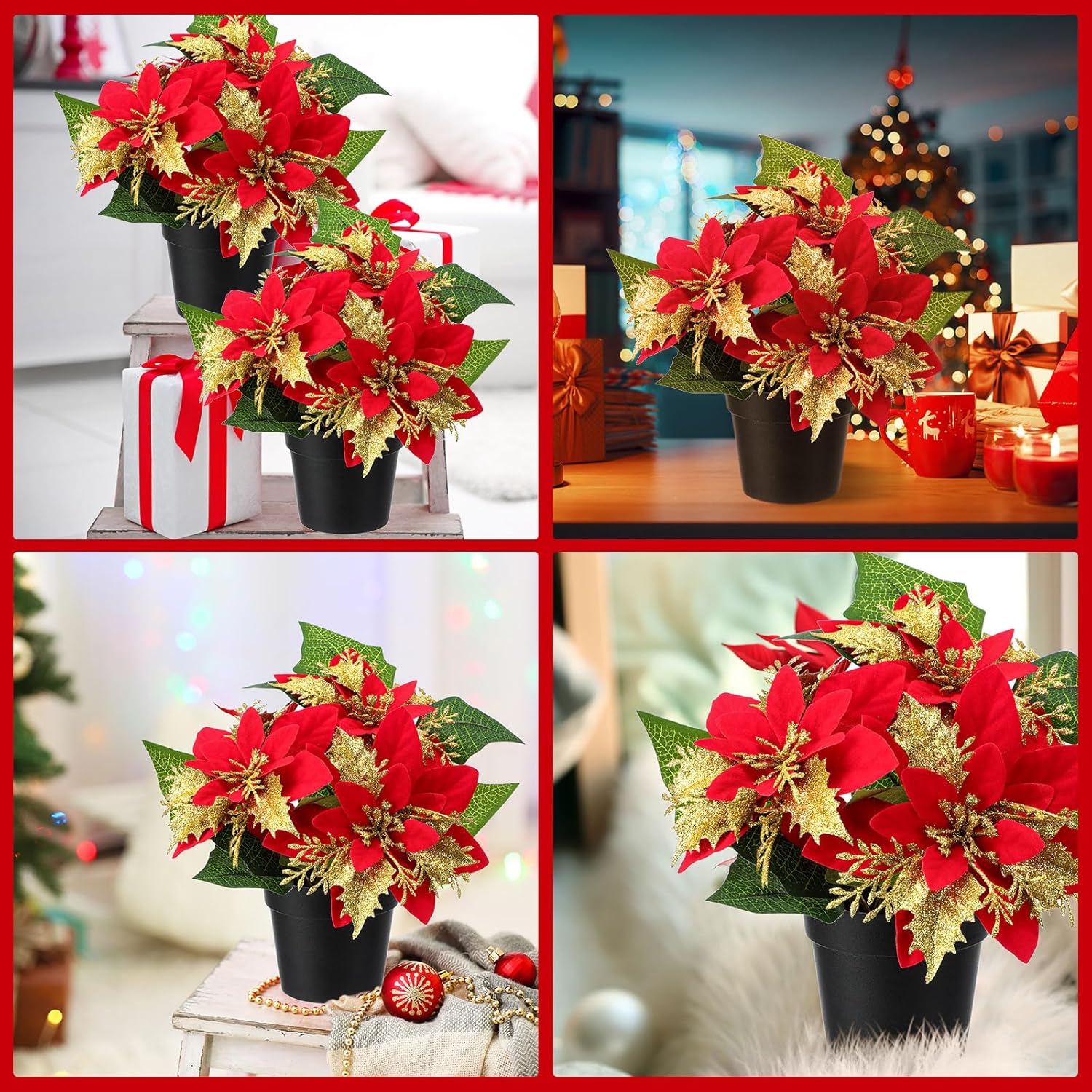 4 Pack Mini Artificial Poinsettias In Pots 9 Inch Faux Red Glitter Poinsettias Plants Tabletop Christmas Centerpieces For Home Office Table Indoor Xmas Holiday Indoor(Plastic,Black)