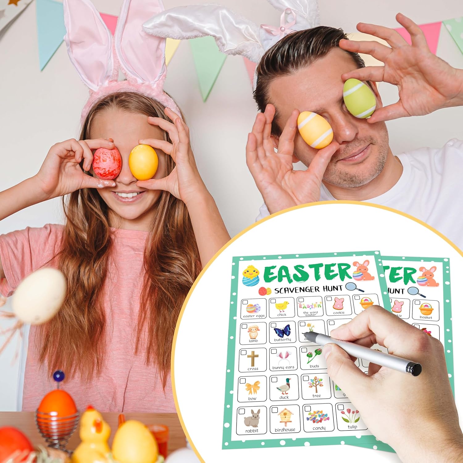 Easter Scavenger Treasure Hunt Games For Family Friend, Easter Party Game Card Set, Easter Indoor Scavenger Hunt, Family Holiday Party Decorations Supplies Favors, 25 Game Cards, C01