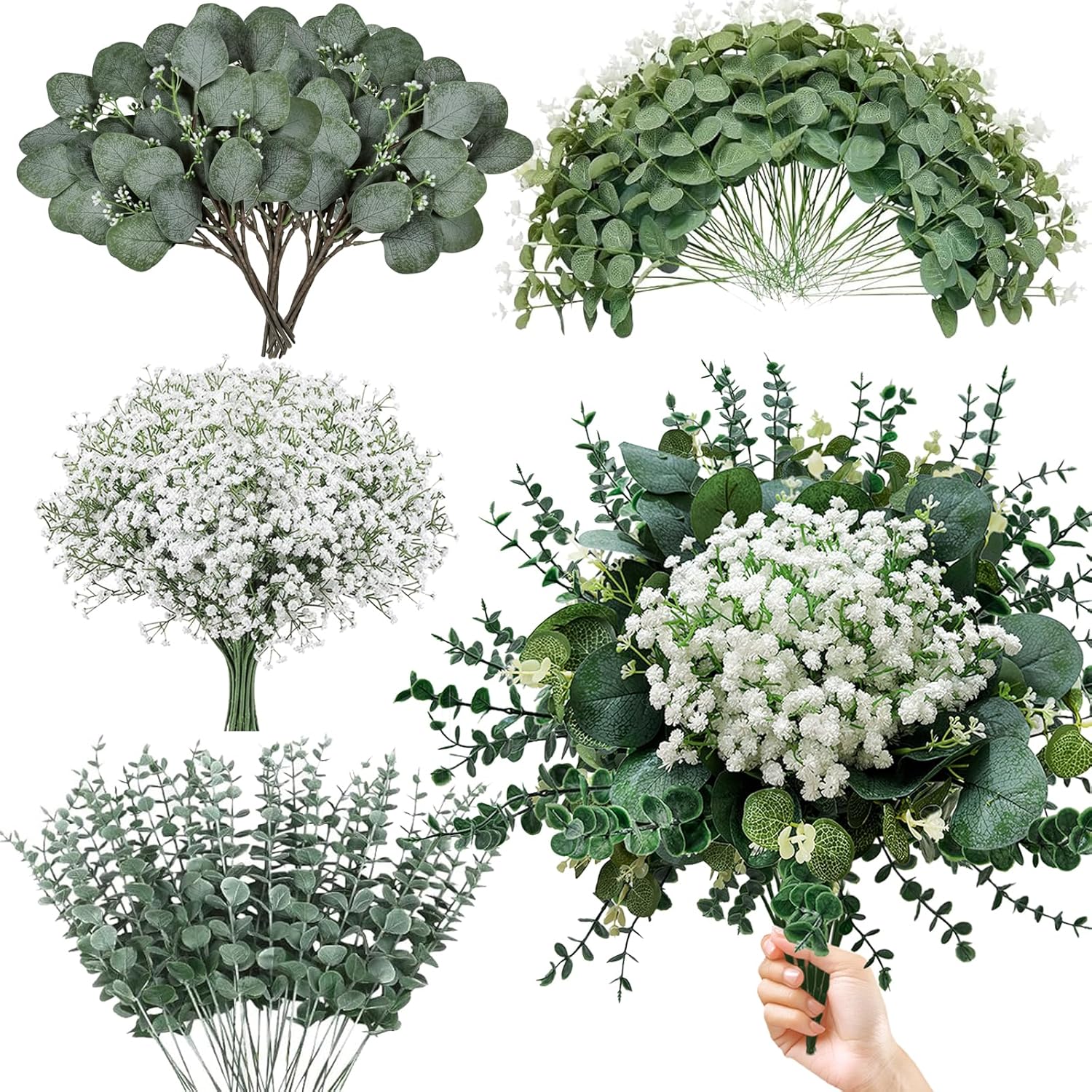 120 Pcs 4 Kinds Mixed Eucalyptus Greenery Stems, Baby Breath Flowers Artificial Bulk And Greenery Stems For Diy Bouquets Wedding Home Floral Decor (120 Pcs 4 Kinds Mixed Eucalyptus Greenery)