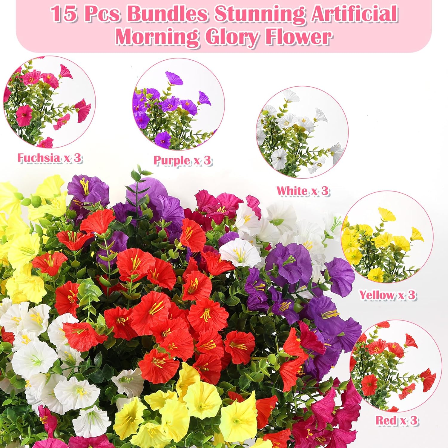 15 Bundles Artificial Summer Flowers For Outdoor, Fake Silk Morning Glory For Outside Uv Resistant, Realistic Faux Plants For Planters(Not Include Flower Pot)