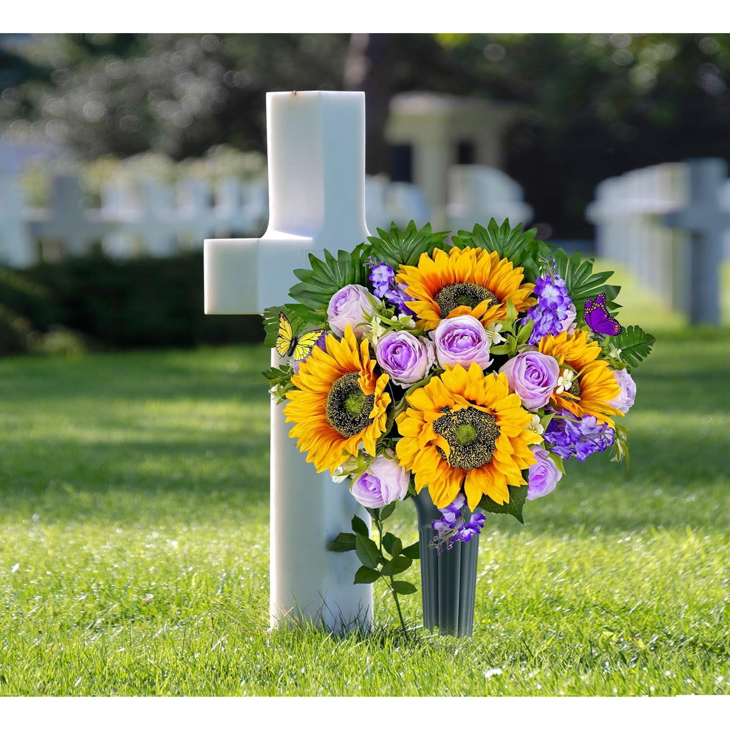 Artificial Cemetery Flowers - Memorial Flowers - Outdoor Grave Flower Decorations,Sympathy Flower With Vase - Rose Sunflower Hyacinth