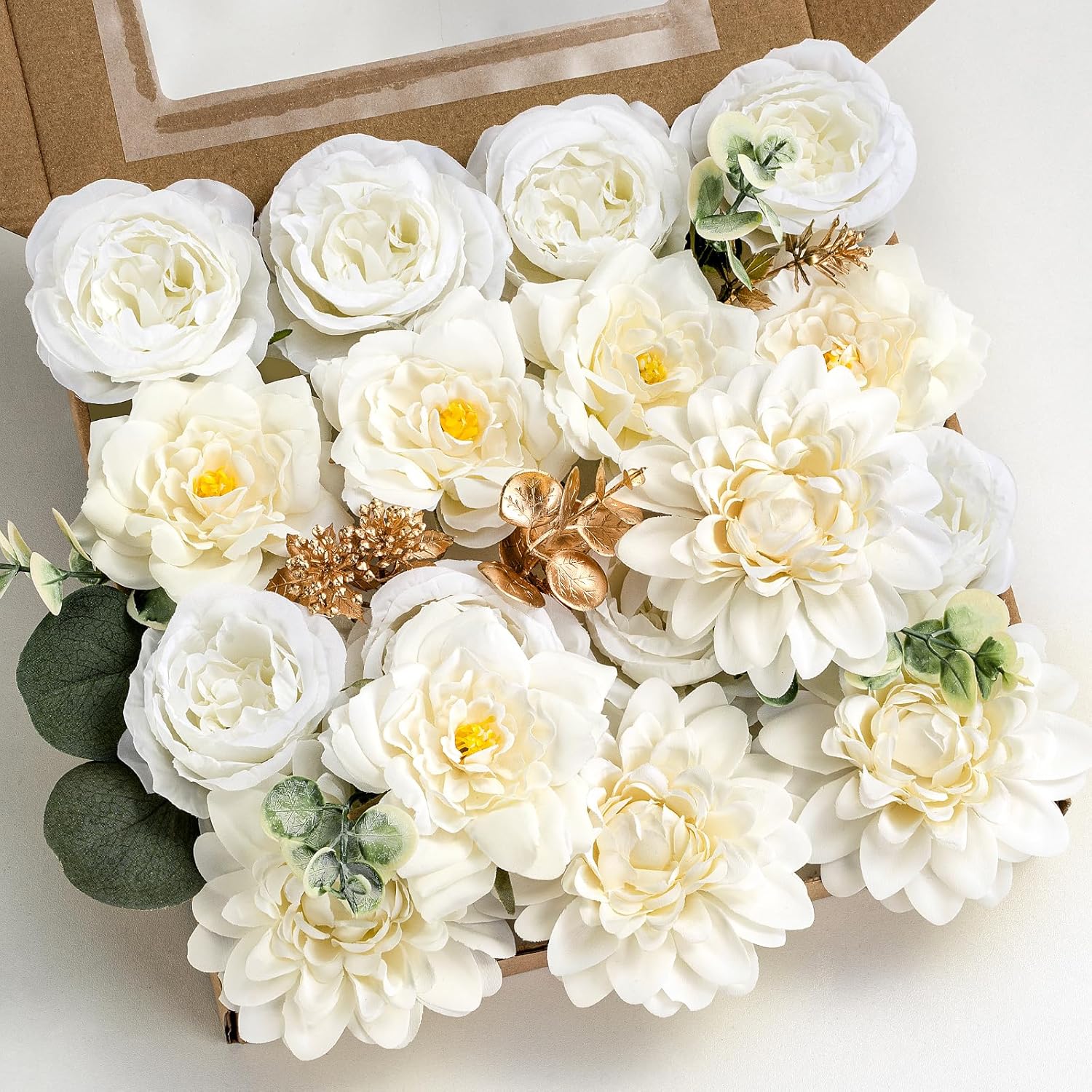 White Artificial Flowers Combo, Fake Silk Dahlia, Roses, Chrysanthemum Balls With Stems For Wedding Bridal Bouquets, Baby Shower, Party, Table Centerpieces, Home Decor & Diy Floral Arrangements