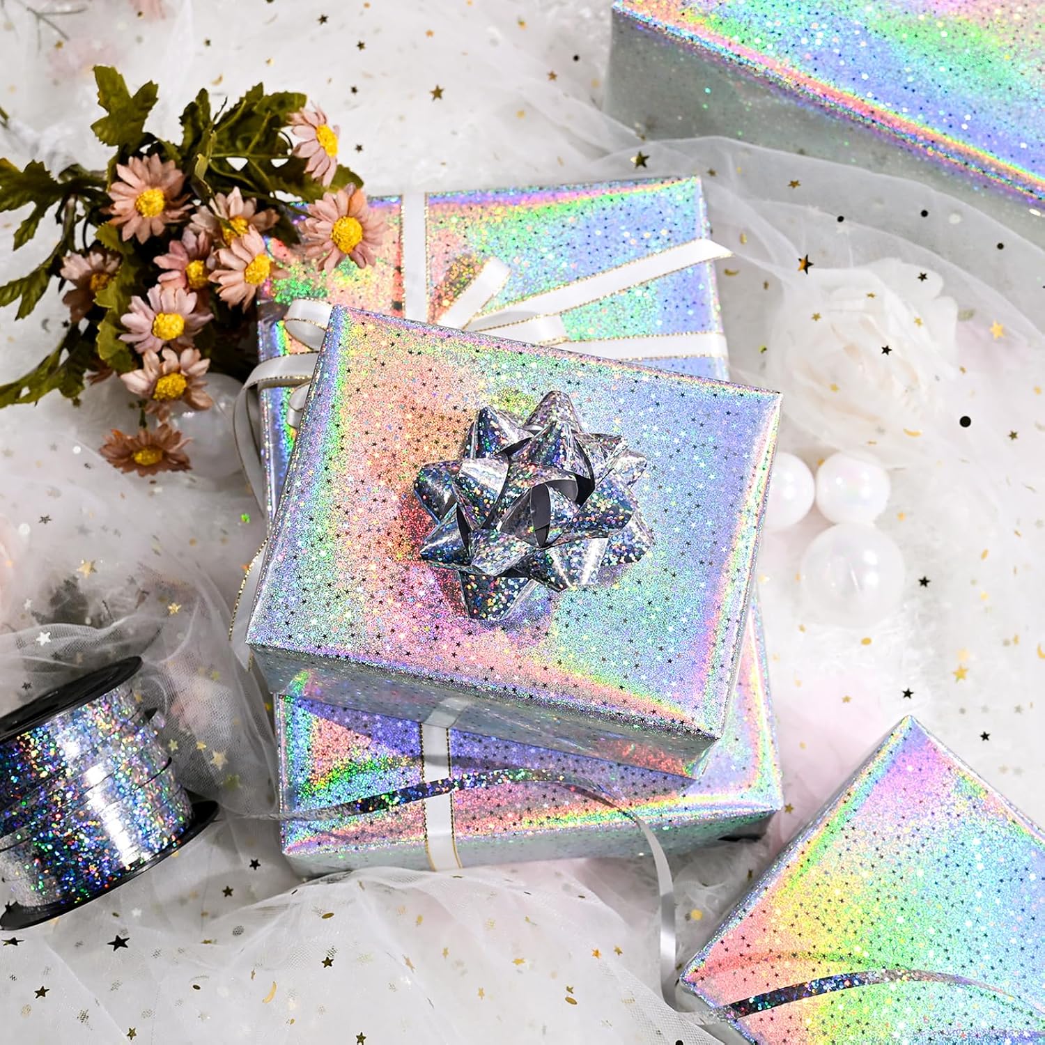 Silver Wrapping Paper Roll, Metallic Holographic Star Gift Wrap For Birthday, Valentines, Mothers Day, Graduation, Wedding, Fathers Day, Baby Shower, Christmas (17 In X 32.8 Ft)